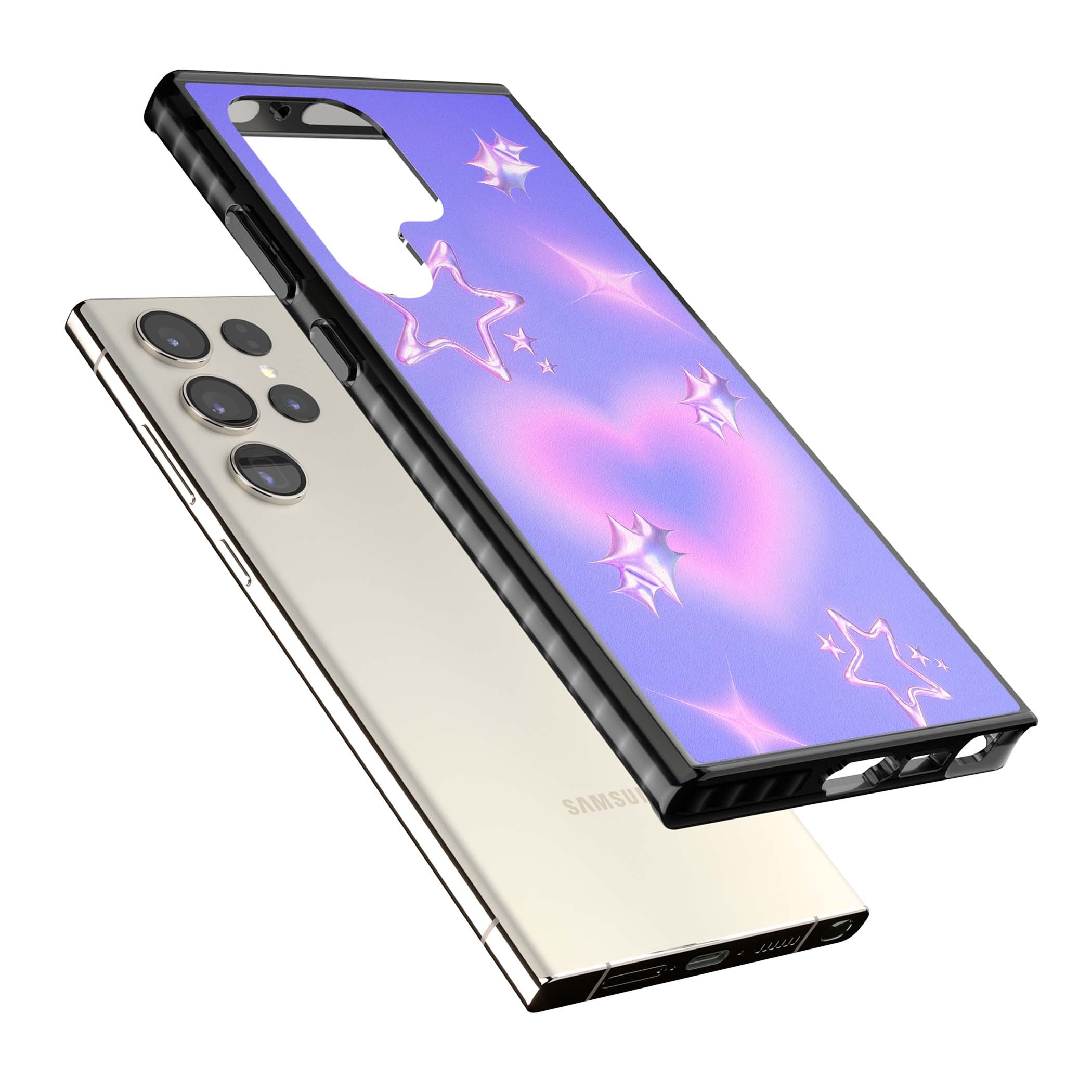 Soft Sugar Y2K iPhone case featuring iridescent chrome hearts, metallic pink stars and a lavender gradient sky | Black Impact case for Samsung Galaxy S24 Ultra, Samsung Galaxy S23 Ultra, Samsung Galaxy S22 Ultra
