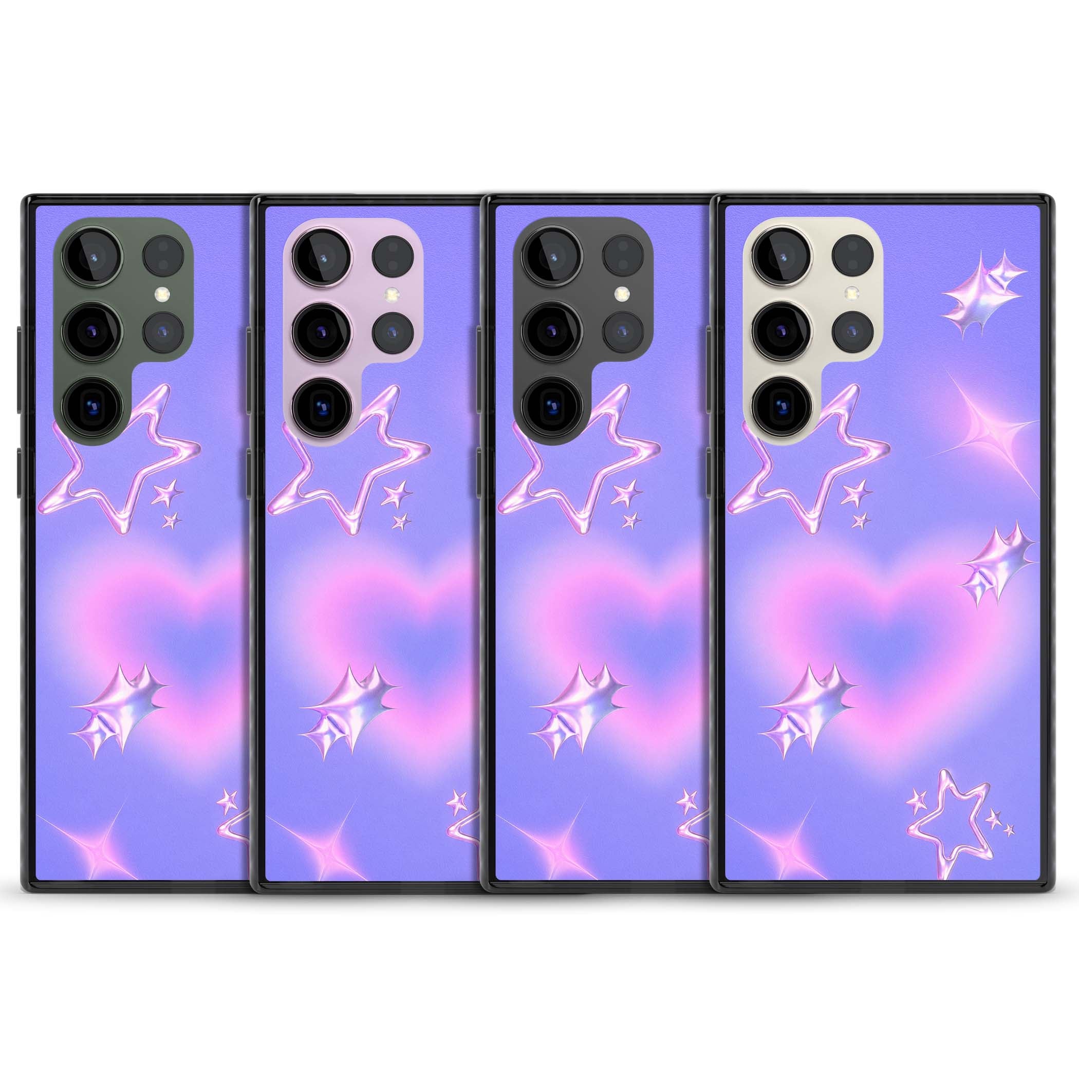 Soft Sugar Y2K iPhone case featuring iridescent chrome hearts, metallic pink stars and a lavender gradient sky | Black Impact case for Samsung Galaxy S24 Ultra, Samsung Galaxy S23 Ultra, Samsung Galaxy S22 Ultra