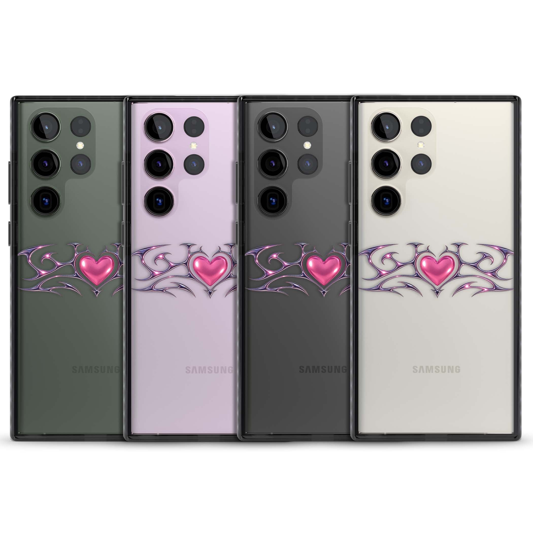 Pink Chrome Heart y2k iPhone case | Black Impact case for Samsung Galaxy S24 Ultra, Samsung Galaxy S23 Ultra, Samsung Galaxy S22 Ultra