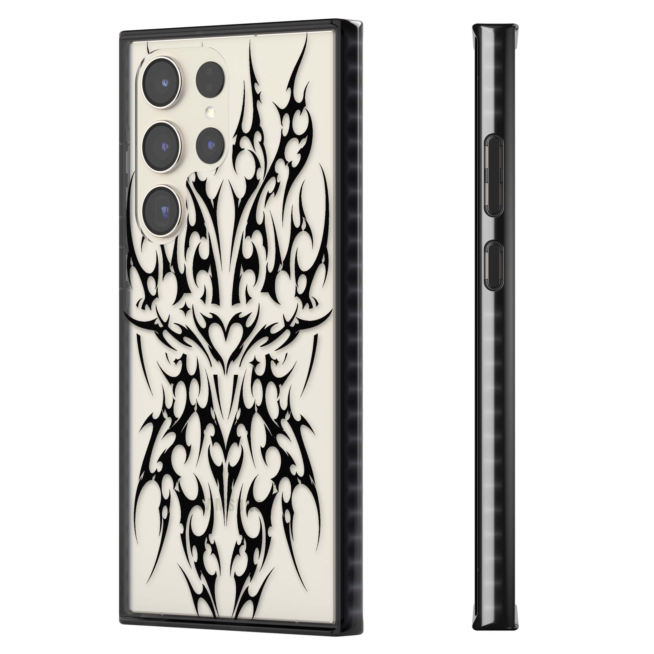 Neo Tribal Heart gothic iPhone case featuring symmetrical black tribal tattoo art with sharp thorn-like linework | Black Impact case for Samsung Galaxy S24 Ultra, Samsung Galaxy S23 Ultra, Samsung Galaxy S22 Ultra