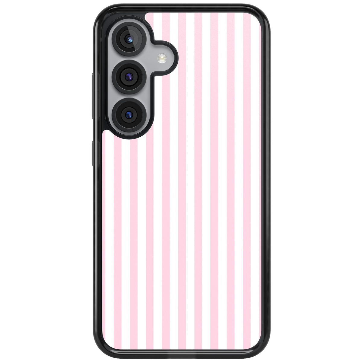 Pink Stripe preppy iPhone case featuring soft pastel pink and white vertical candy stripes Samsung S25 Impact Black Phone Case front