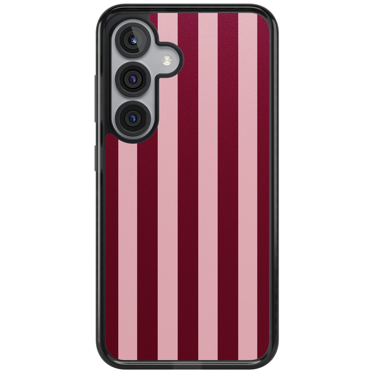 Bordeaux Belle preppy iPhone case featuring bold vertical stripes in burgundy and soft blush pink Samsung S25 Impact Black Phone Case front