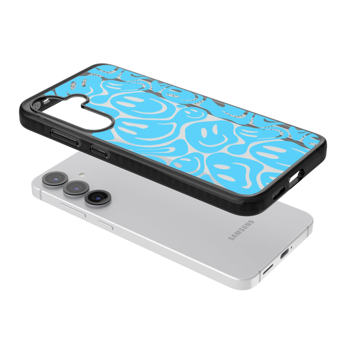 Blue Acid Faces Samsung S25 / Samsung S25 Plus / Samsung S26 / Samsung S26 Plus Impact Black Phone Case angled