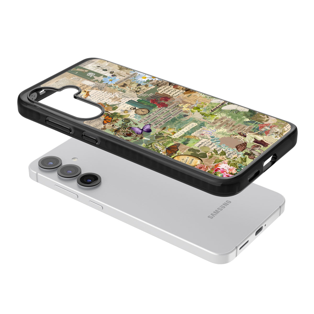 Enchanted Collage Samsung S25 / Samsung S25 Plus / Samsung S26 / Samsung S26 Plus Impact Black Phone Case angled