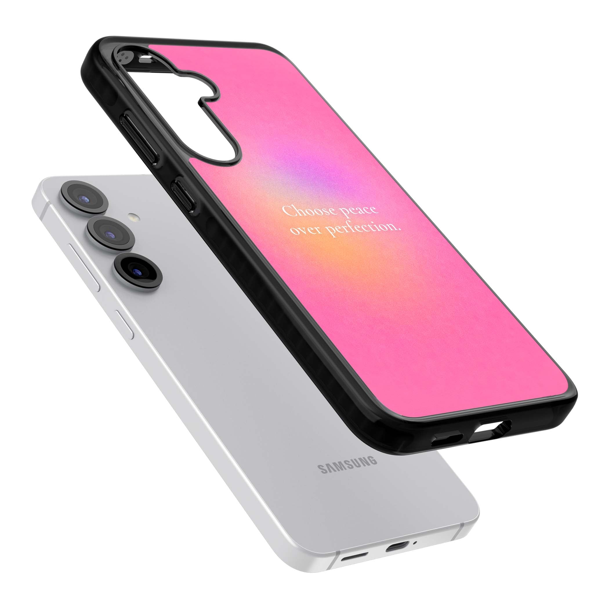 Peace Over Perfection quote iPhone case featuring a dreamy pink aura gradient and delicate white affirmation text | Black Impact case for Samsung Galaxy S25, Samsung Galaxy S25 Plus