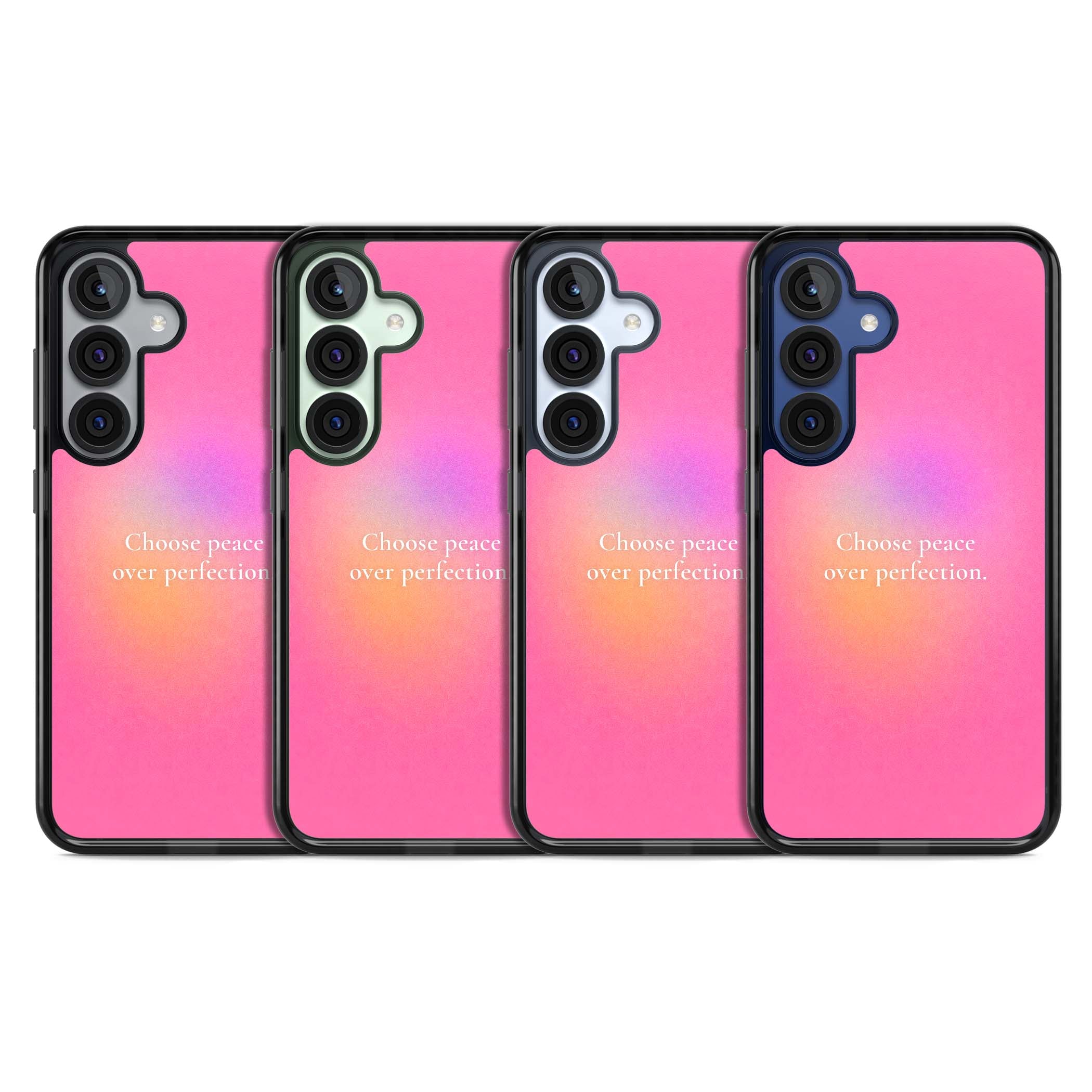 Peace Over Perfection quote iPhone case featuring a dreamy pink aura gradient and delicate white affirmation text | Black Impact case for Samsung Galaxy S25, Samsung Galaxy S25 Plus