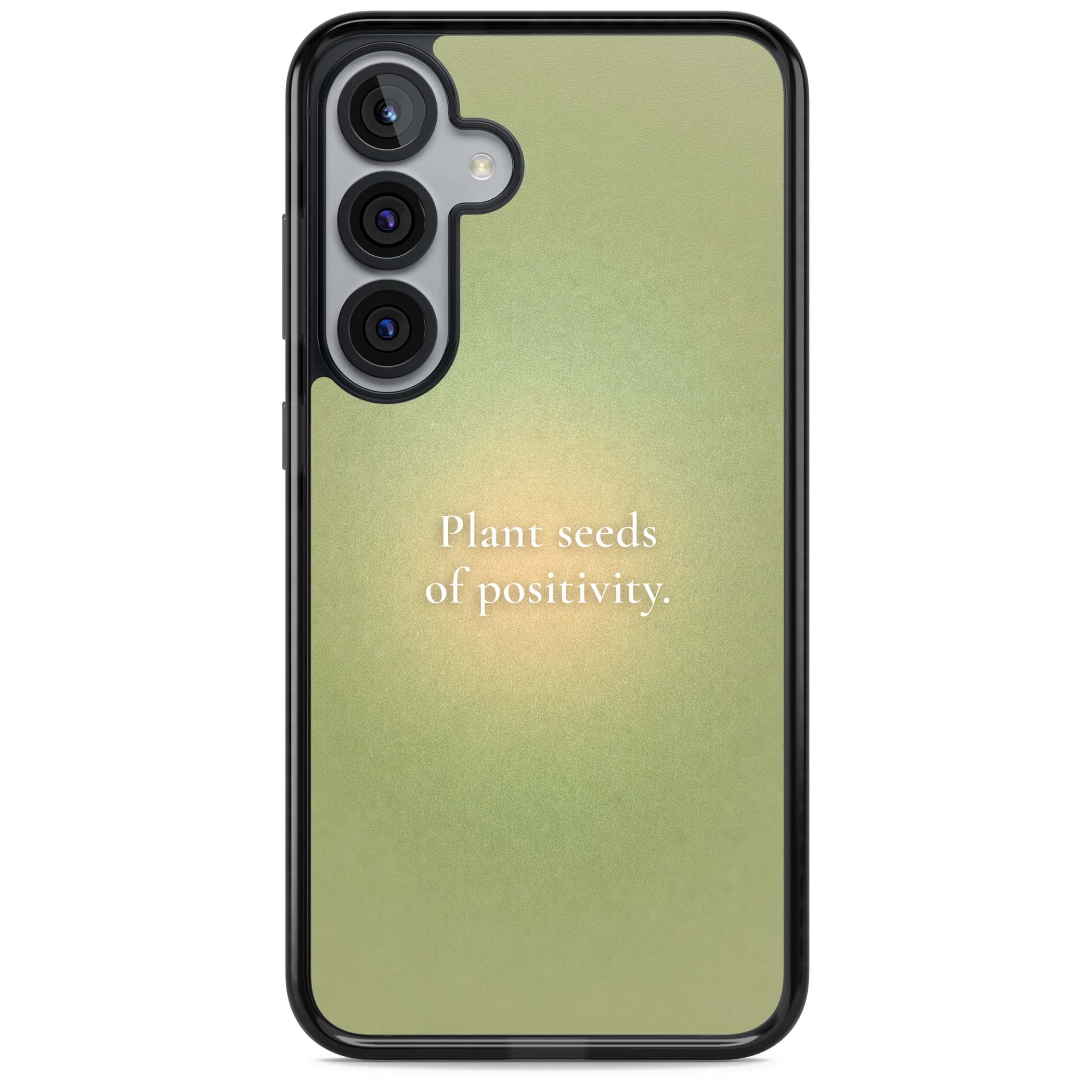 Seeds of Positivity quote iPhone case featuring a sage green aura gradient and golden glow affirmation | Black Impact case for Samsung Galaxy S25, Samsung Galaxy S25 Plus