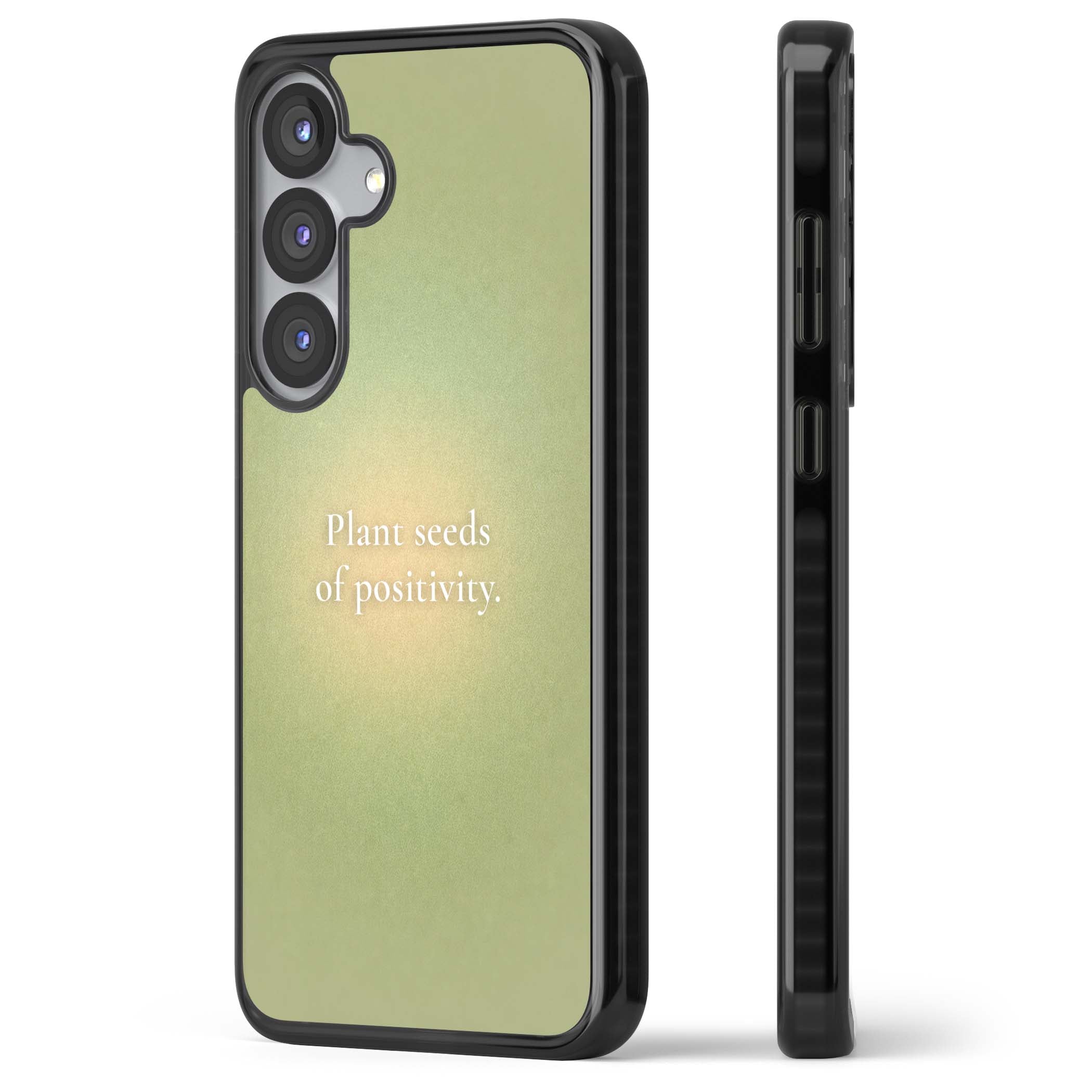 Seeds of Positivity quote iPhone case featuring a sage green aura gradient and golden glow affirmation | Black Impact case for Samsung Galaxy S25, Samsung Galaxy S25 Plus