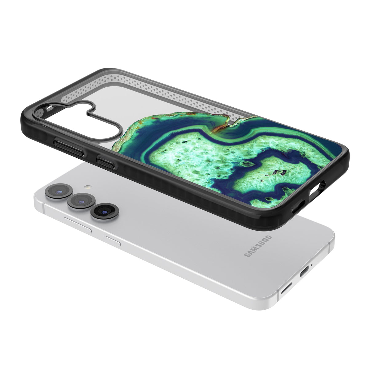 Emerald Agate Slice Samsung S25 / Samsung S25 Plus / Samsung S26 / Samsung S26 Plus Impact Black Phone Case angled