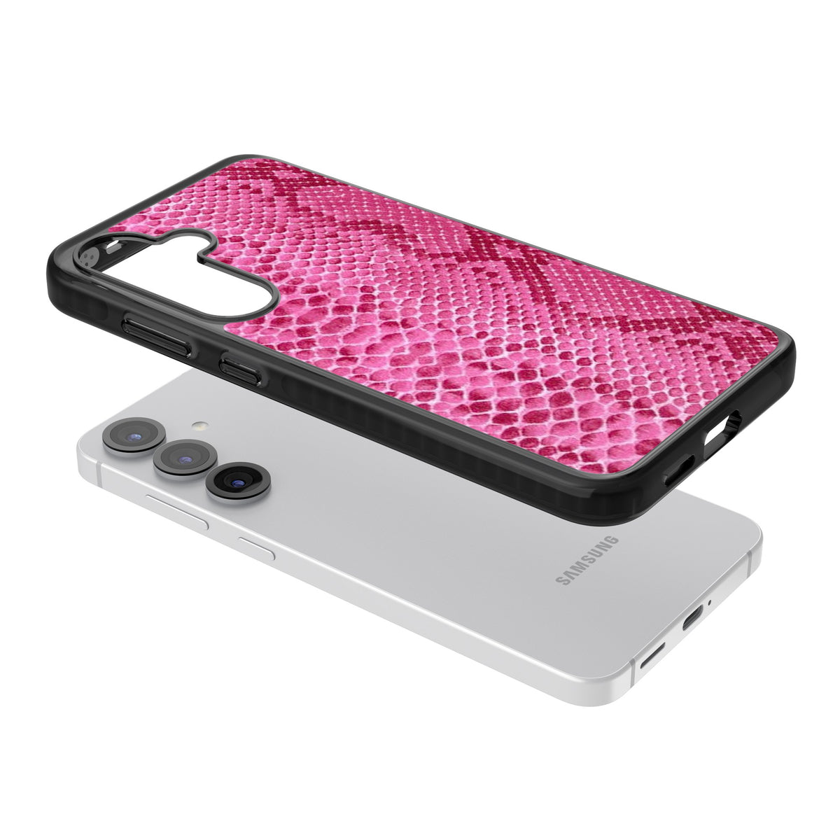 Pink Snakeskin Samsung S25 / Samsung S25 Plus / Samsung S26 / Samsung S26 Plus Impact Black Phone Case angled