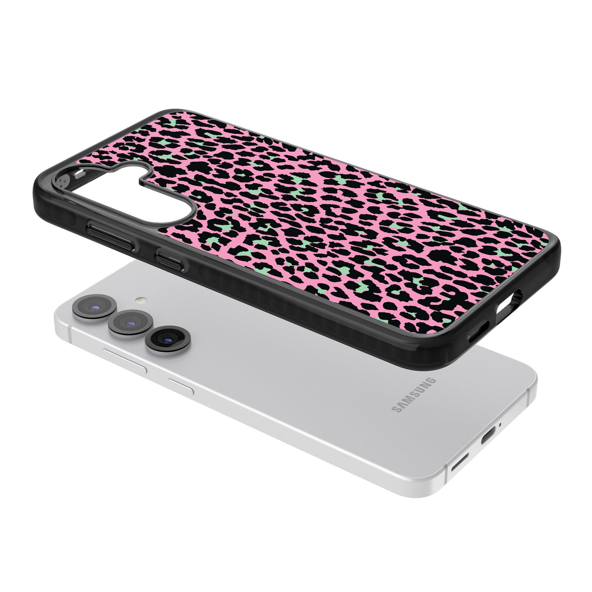 Pink & Green Leopard Samsung S25 / Samsung S25 Plus / Samsung S26 / Samsung S26 Plus Impact Black Phone Case angled