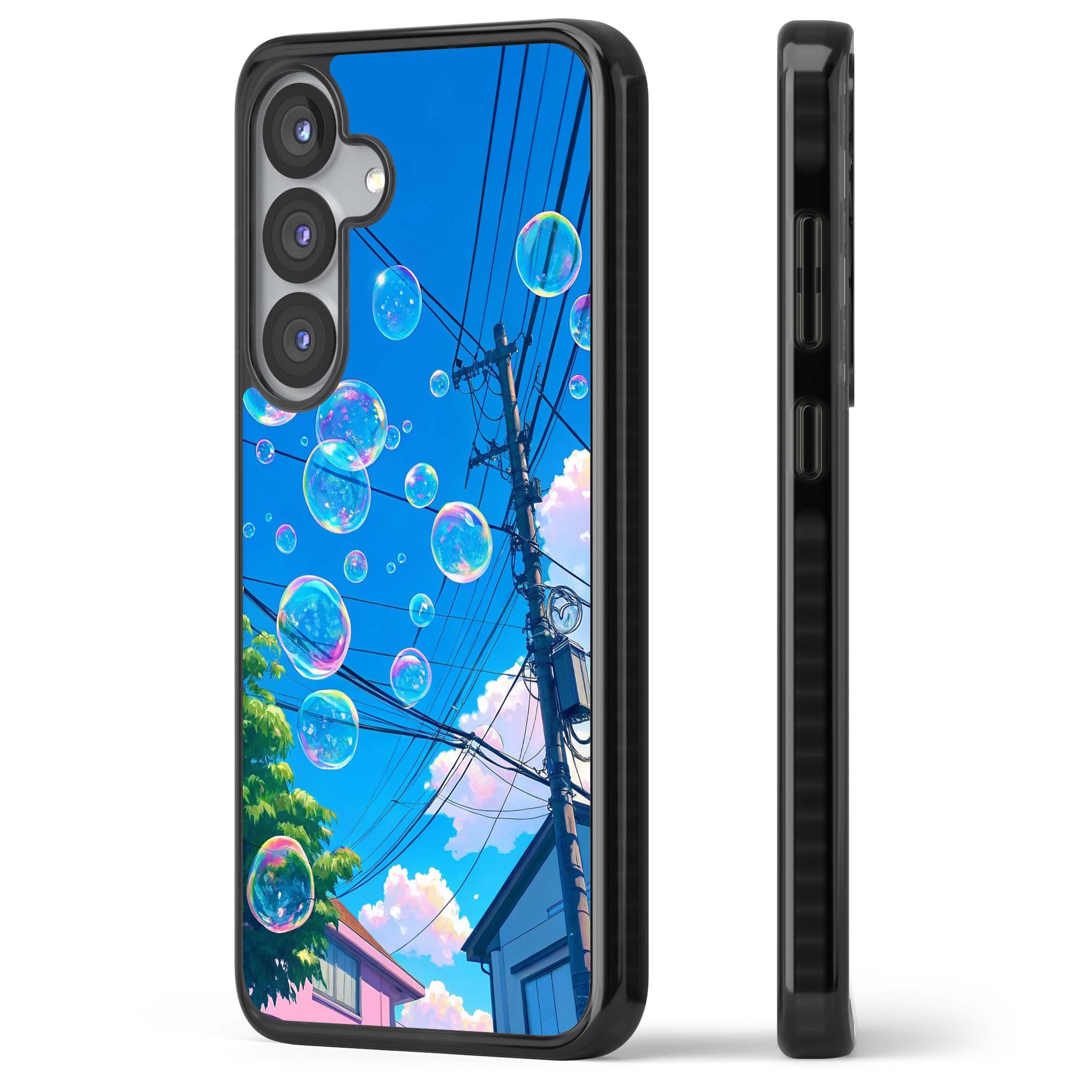 Suburban Bubbles anime iPhone case featuring iridescent soap bubbles, blue sky and Japanese telephone wires | Black Impact case for Samsung Galaxy S25, Samsung Galaxy S25 Plus