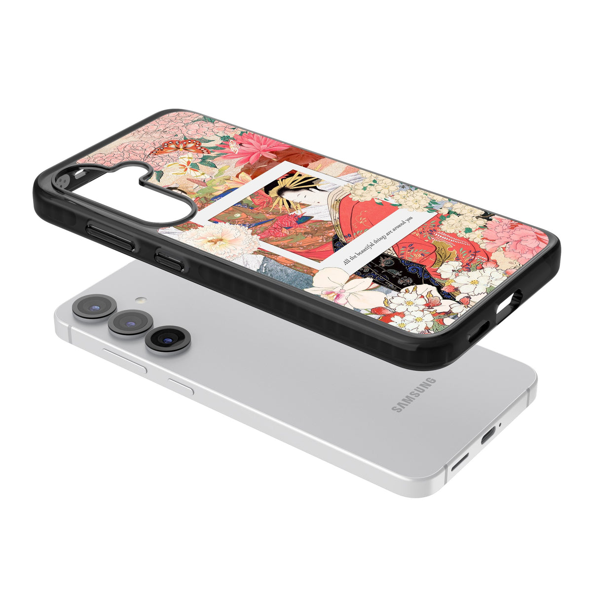 Woodblock Geisha Samsung S25 / Samsung S25 Plus / Samsung S26 / Samsung S26 Plus Impact Black Phone Case angled