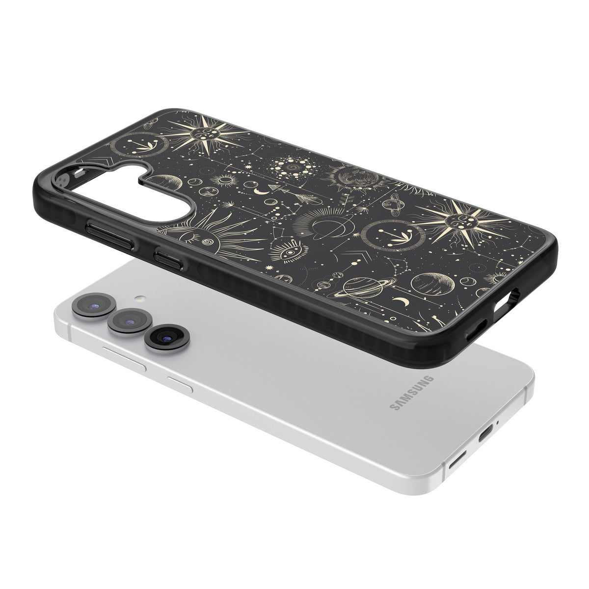 Cosmic Suns And Planets Samsung S25 / Samsung S25 Plus / Samsung S26 / Samsung S26 Plus Impact Black Phone Case angled