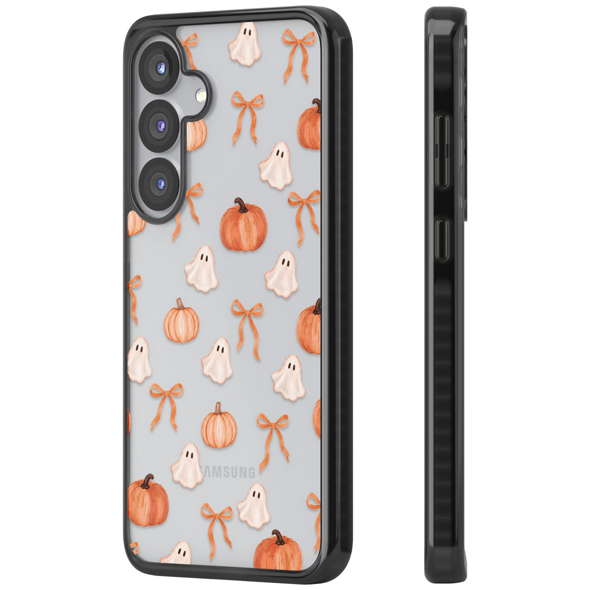 Bows, Ghosts & Pumpkins Samsung S25 / Samsung S25 Plus / Samsung S26 / Samsung S26 Plus Impact Black Phone Case side