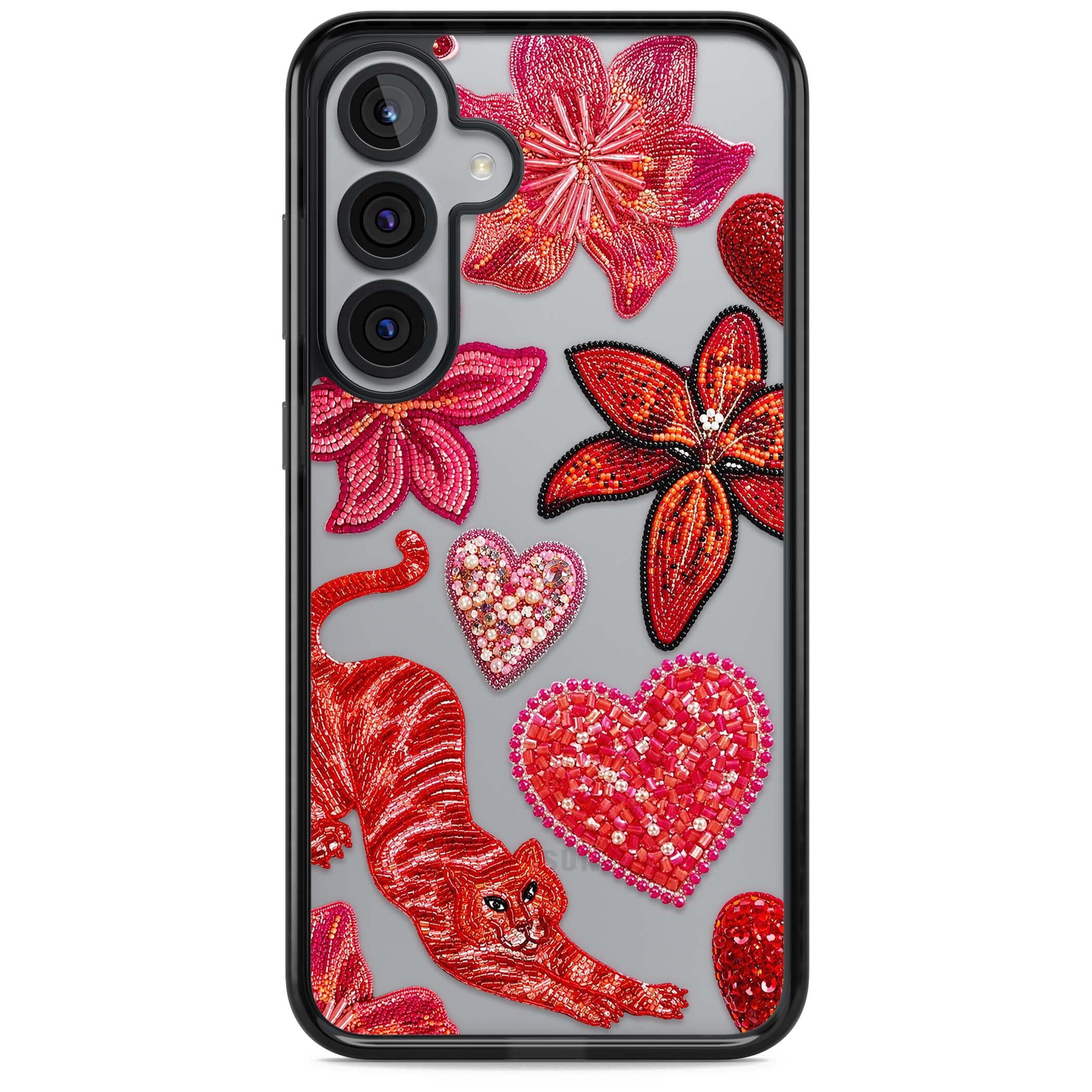 Beaded Boho floral iPhone case featuring beaded red lilies, a stitched tiger, and pearl-encrusted hearts on clear | Black Impact case for Samsung Galaxy S25, Samsung Galaxy S25 Plus