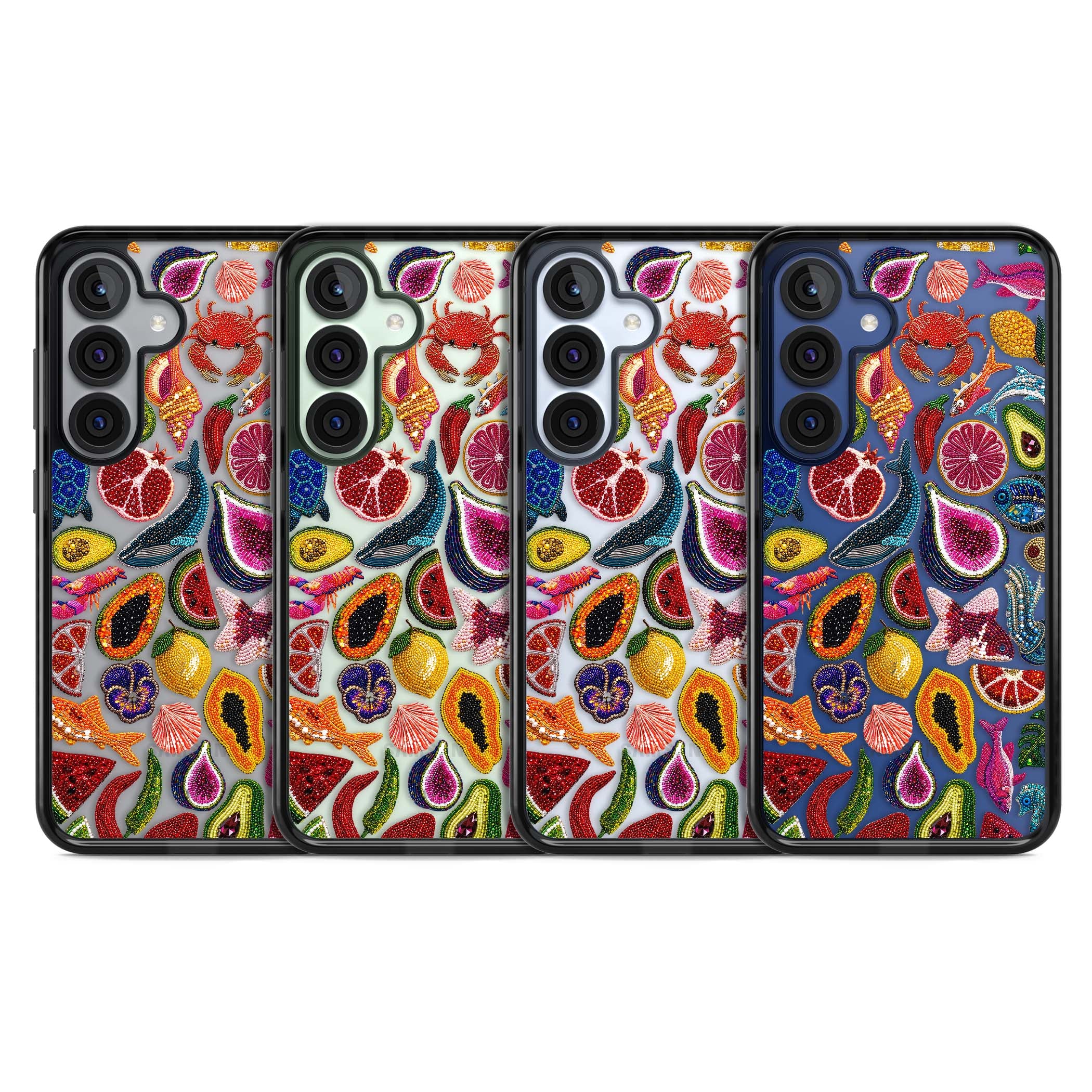 Beaded Tropic tropical iPhone case featuring beaded fruit, fish, crabs and seashells in vibrant colour | Black Impact case for Samsung Galaxy S25, Samsung Galaxy S25 Plus