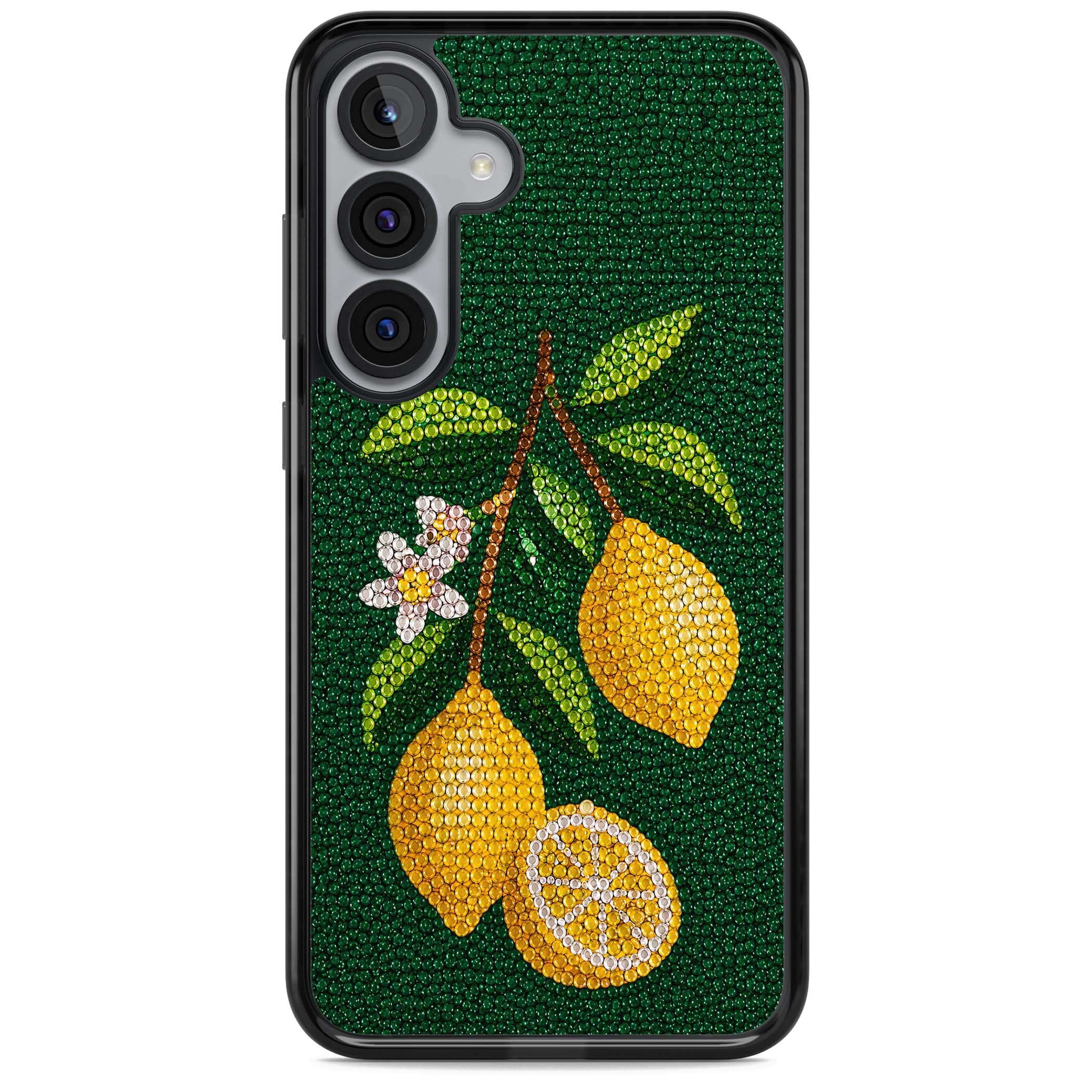 Beaded Lemons coastal iPhone case featuring crystal-beaded lemons, citrus blossom and green leaves on emerald ground | Black Impact case for Samsung Galaxy S25, Samsung Galaxy S25 Plus