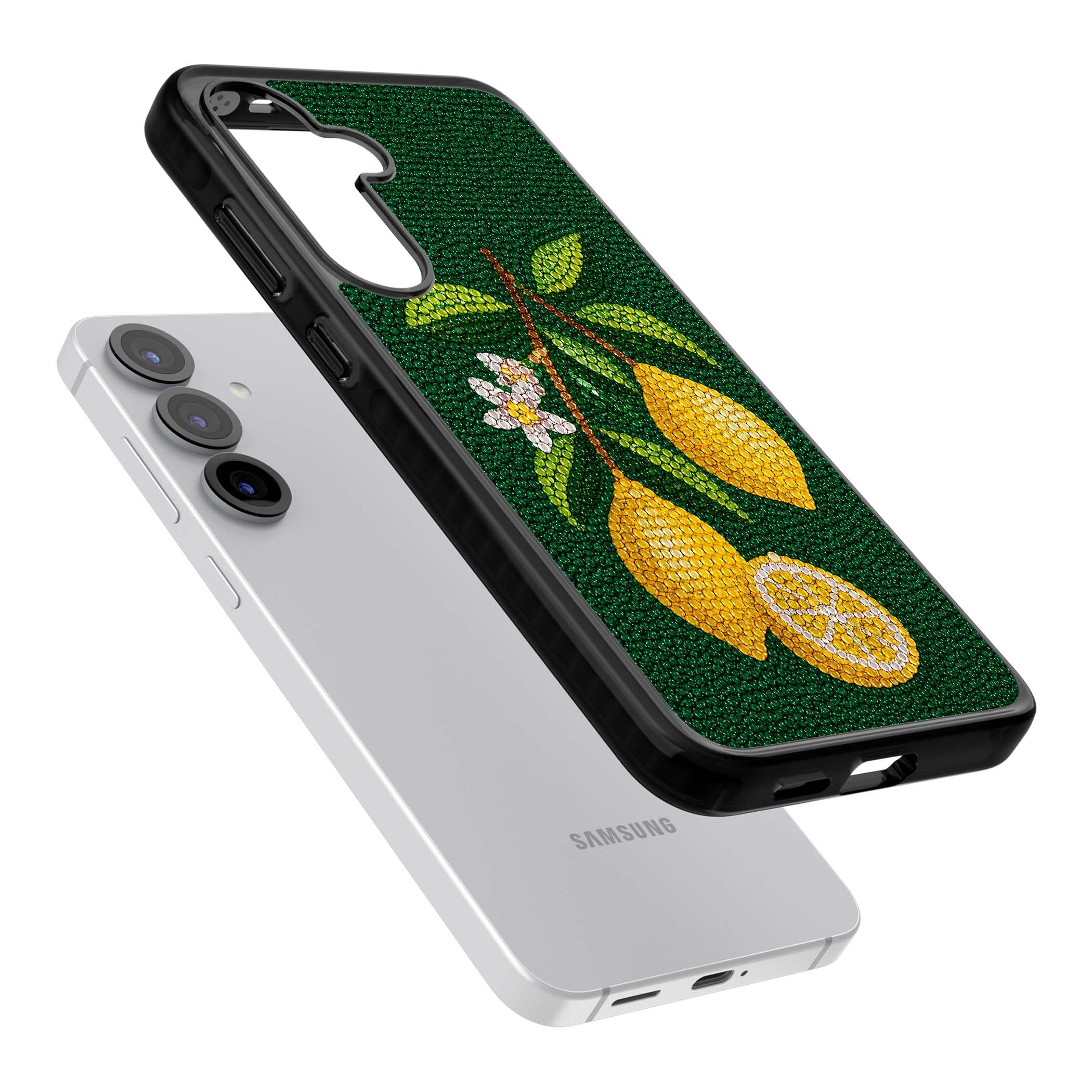 Beaded Lemons coastal iPhone case featuring crystal-beaded lemons, citrus blossom and green leaves on emerald ground | Black Impact case for Samsung Galaxy S25, Samsung Galaxy S25 Plus