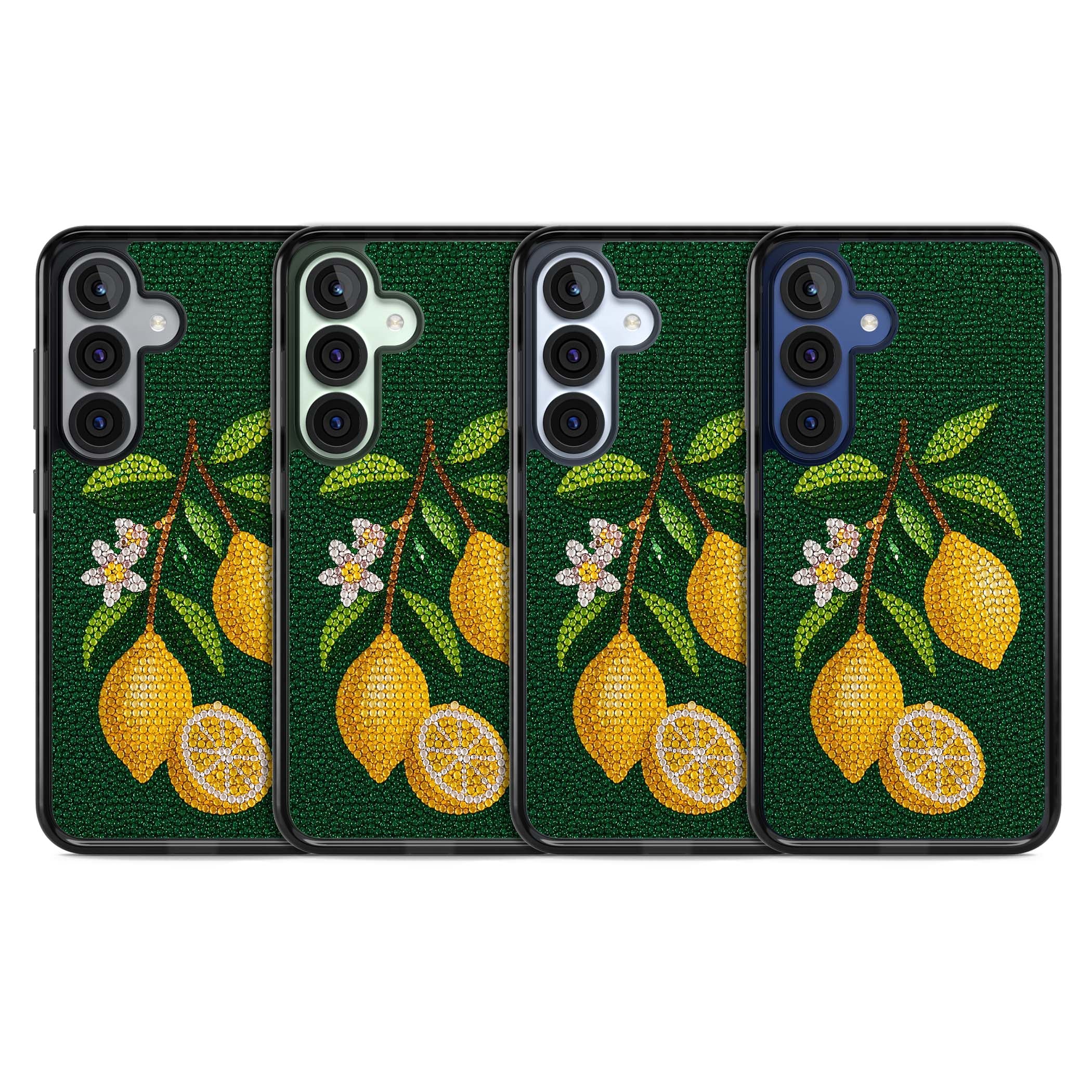 Beaded Lemons coastal iPhone case featuring crystal-beaded lemons, citrus blossom and green leaves on emerald ground | Black Impact case for Samsung Galaxy S25, Samsung Galaxy S25 Plus
