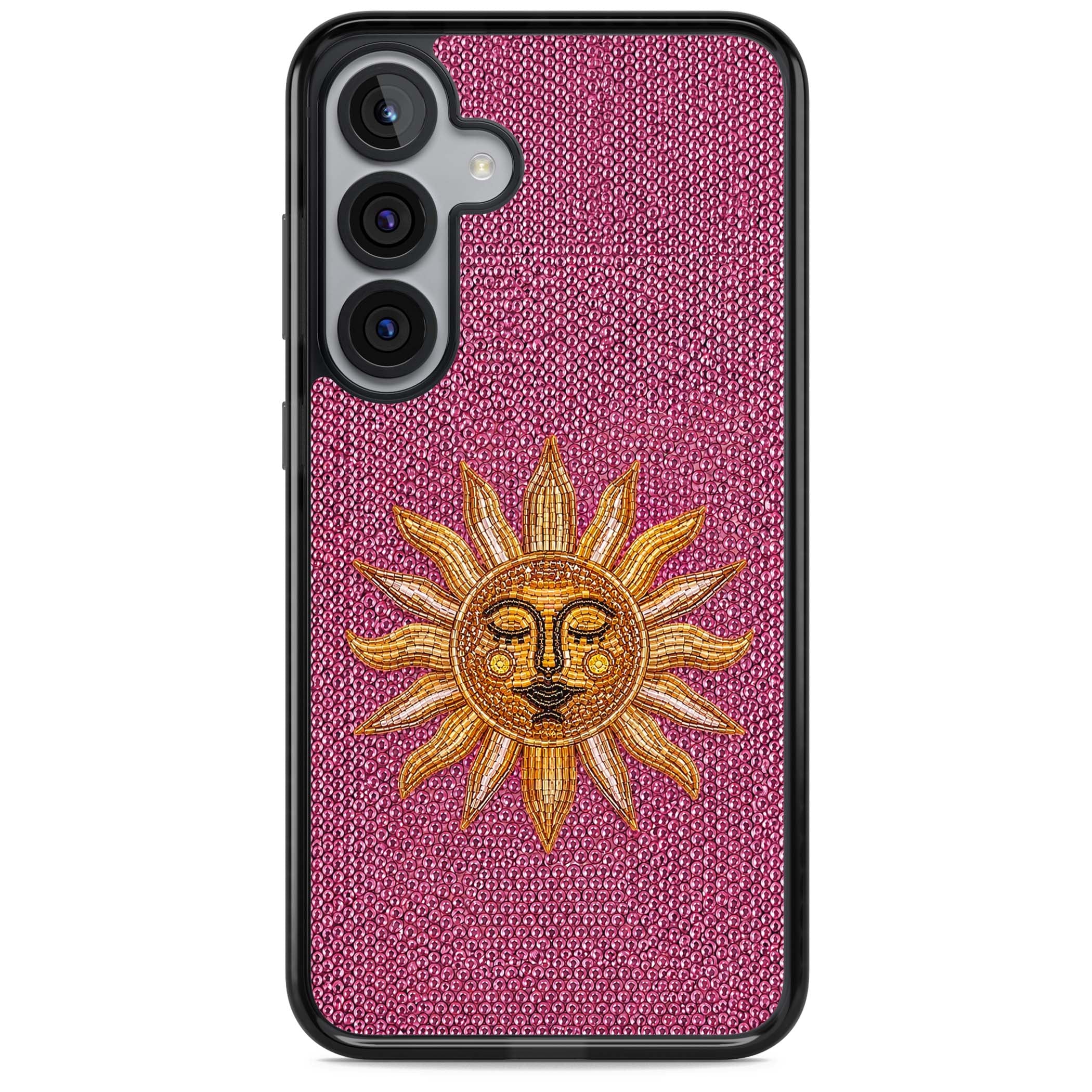 Beaded Sun celestial iPhone case featuring a golden beaded sun face with radiant rays on hot pink beaded background | Black Impact case for Samsung Galaxy S25, Samsung Galaxy S25 Plus