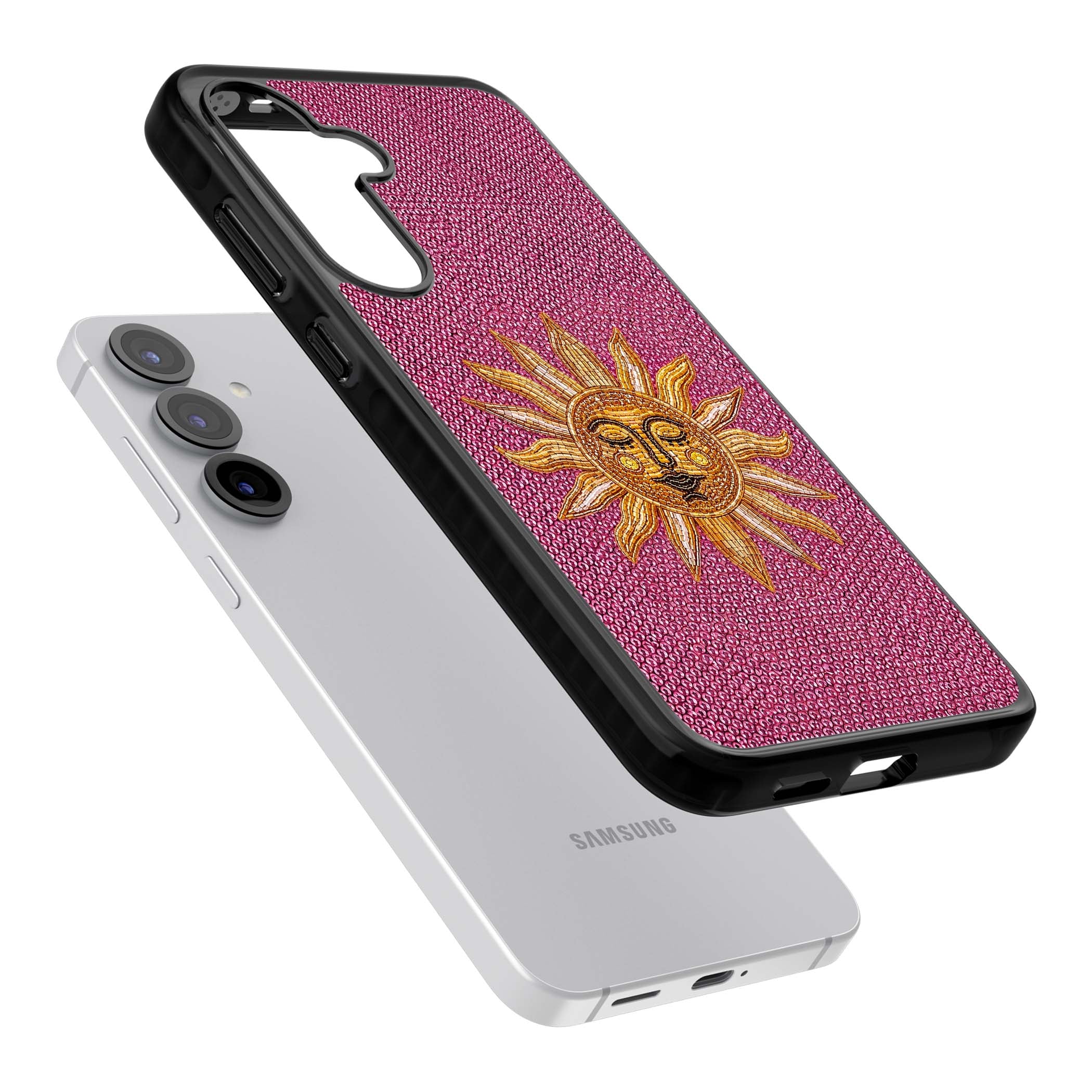 Beaded Sun celestial iPhone case featuring a golden beaded sun face with radiant rays on hot pink beaded background | Black Impact case for Samsung Galaxy S25, Samsung Galaxy S25 Plus