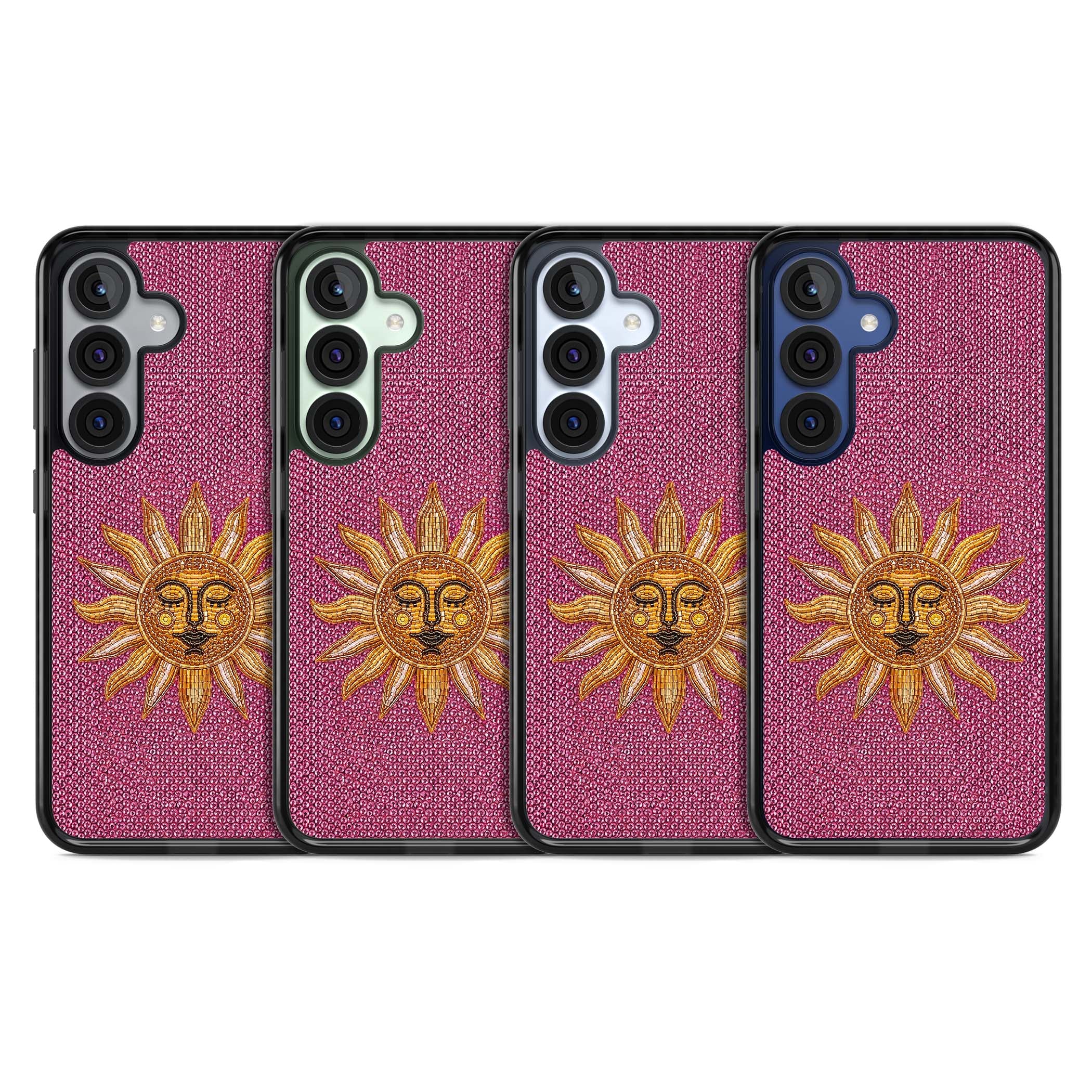 Beaded Sun celestial iPhone case featuring a golden beaded sun face with radiant rays on hot pink beaded background | Black Impact case for Samsung Galaxy S25, Samsung Galaxy S25 Plus