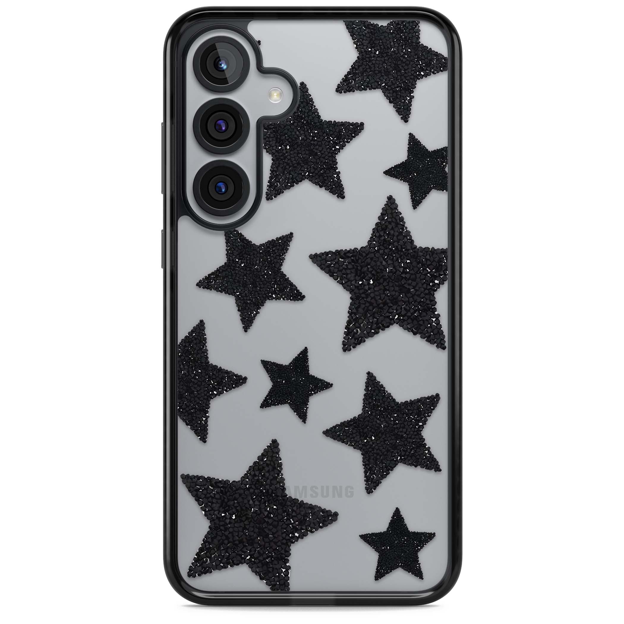 Beaded Black Stars celestial iPhone case featuring black glitter beaded stars scattered on a clear background | Black Impact case for Samsung Galaxy S25, Samsung Galaxy S25 Plus