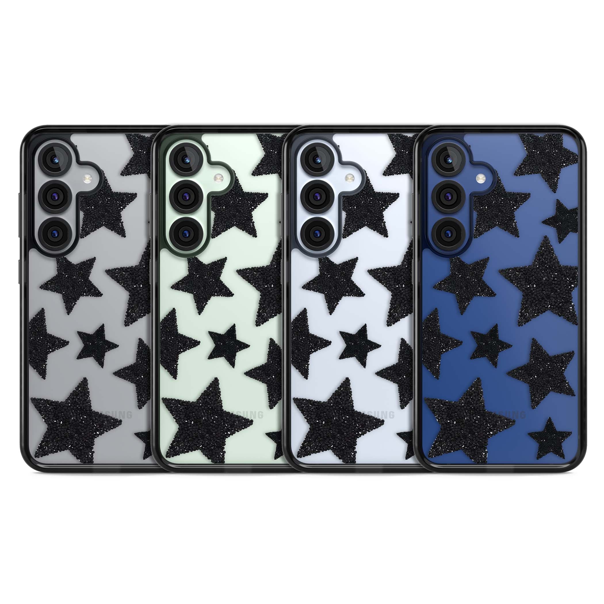 Beaded Black Stars celestial iPhone case featuring black glitter beaded stars scattered on a clear background | Black Impact case for Samsung Galaxy S25, Samsung Galaxy S25 Plus