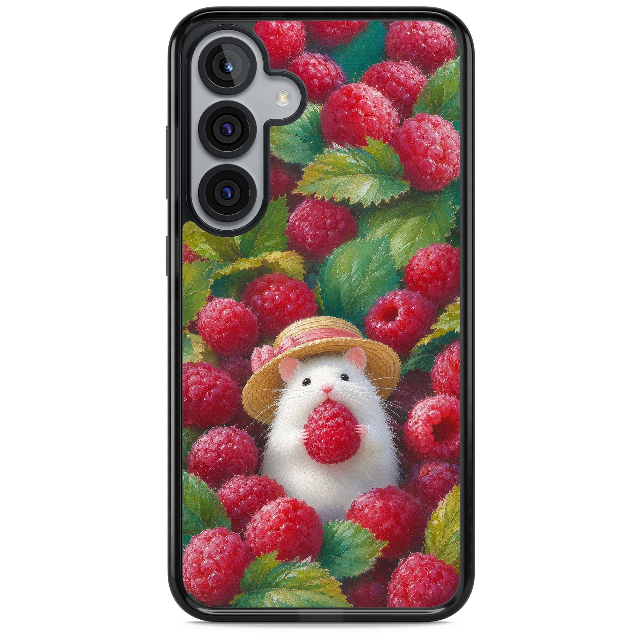 Berry Forager cottagecore iPhone case featuring a white hamster in a straw hat holding a raspberry surrounded by ripe ber | Black Impact case for Samsung Galaxy S25, Samsung Galaxy S25 Plus