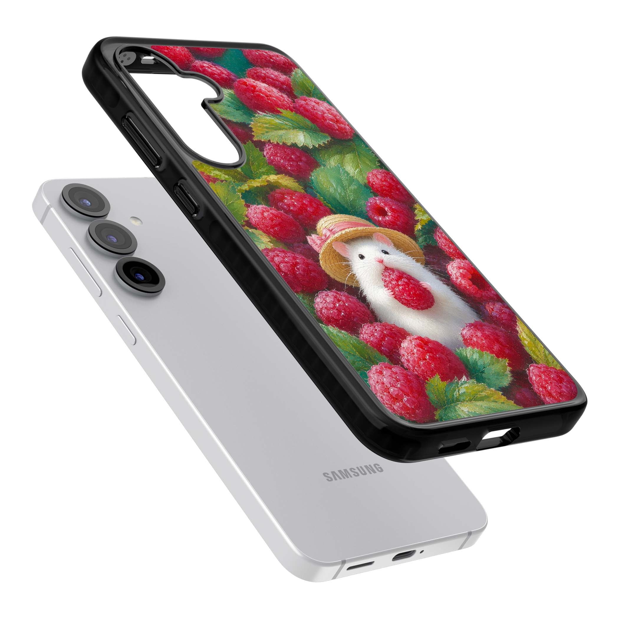 Berry Forager cottagecore iPhone case featuring a white hamster in a straw hat holding a raspberry surrounded by ripe ber | Black Impact case for Samsung Galaxy S25, Samsung Galaxy S25 Plus