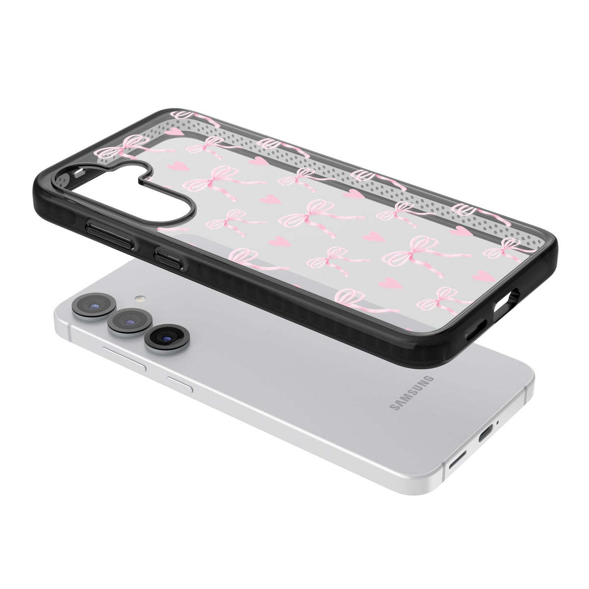 Pink Bows & Hearts Samsung S25 / Samsung S25 Plus / Samsung S26 / Samsung S26 Plus Impact Black Phone Case angled