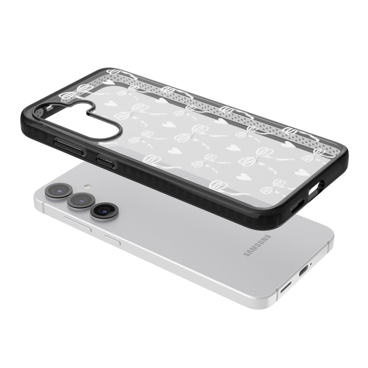 White Bows & Hearts Samsung S25 / Samsung S25 Plus / Samsung S26 / Samsung S26 Plus Impact Black Phone Case angled