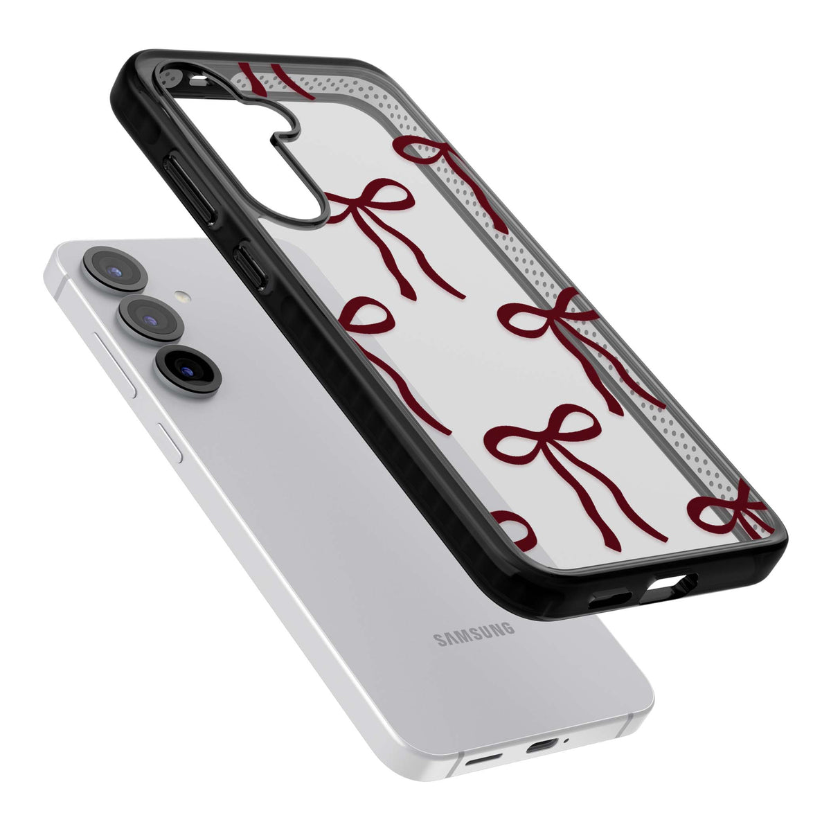Burgundy Bows coquette iPhone case featuring hand-drawn burgundy red bows on a clear background | Black Impact case for Samsung Galaxy S25, Samsung Galaxy S25 Plus