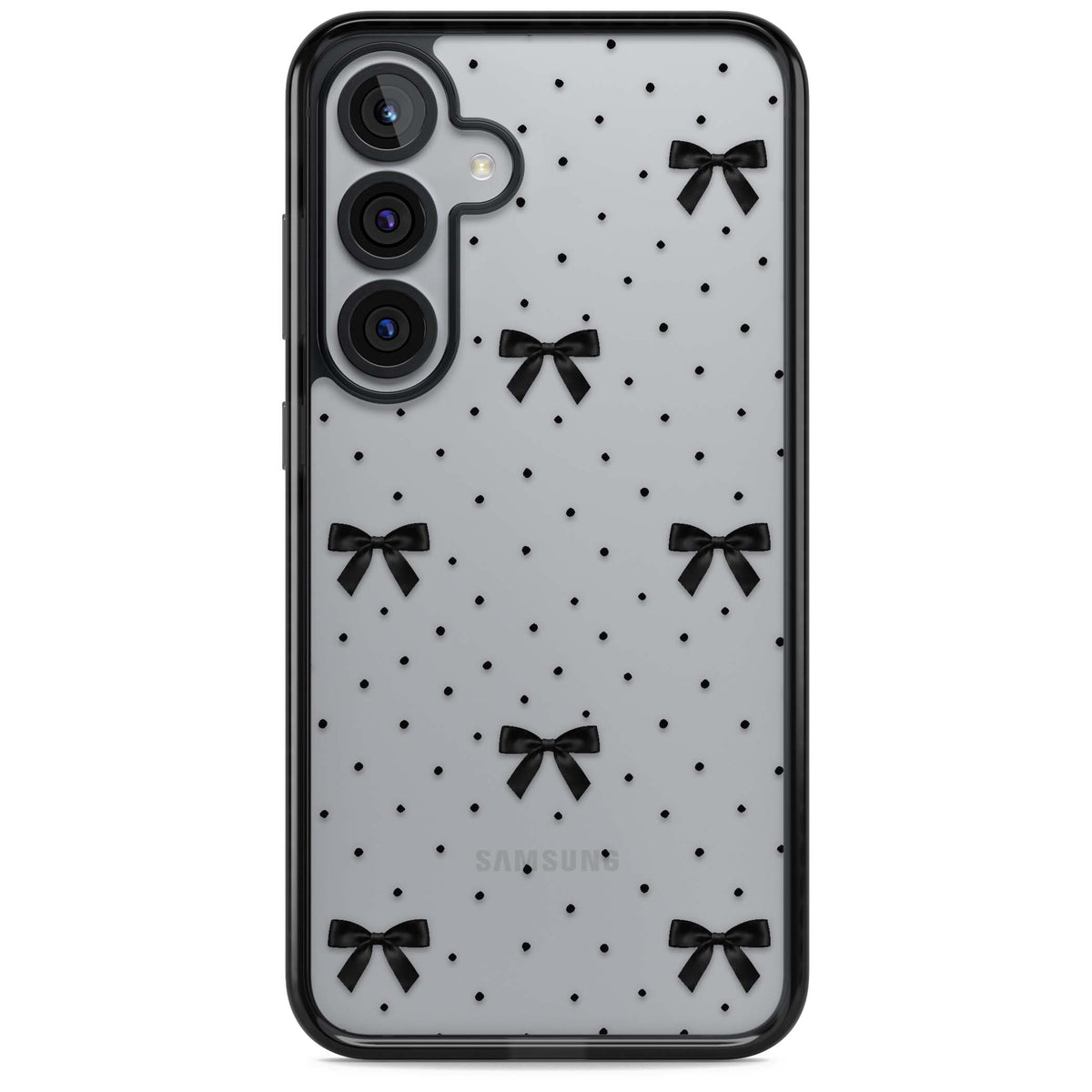 Black Polka Bows coquette iPhone case featuring scattered black satin bows and tiny polka dots on a clear base | Black Impact case for Samsung Galaxy S25, Samsung Galaxy S25 Plus