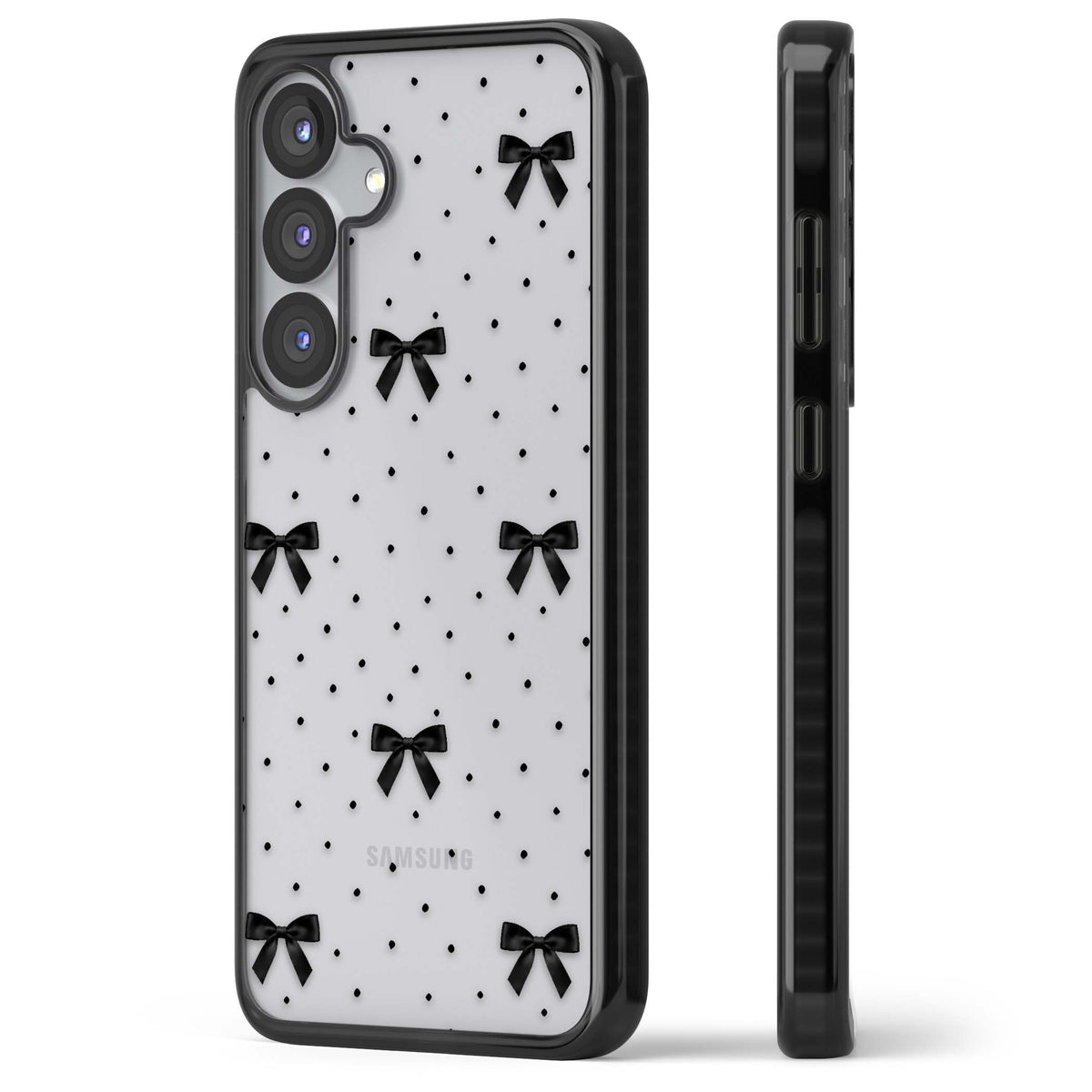 Black Polka Bows coquette iPhone case featuring scattered black satin bows and tiny polka dots on a clear base | Black Impact case for Samsung Galaxy S25, Samsung Galaxy S25 Plus