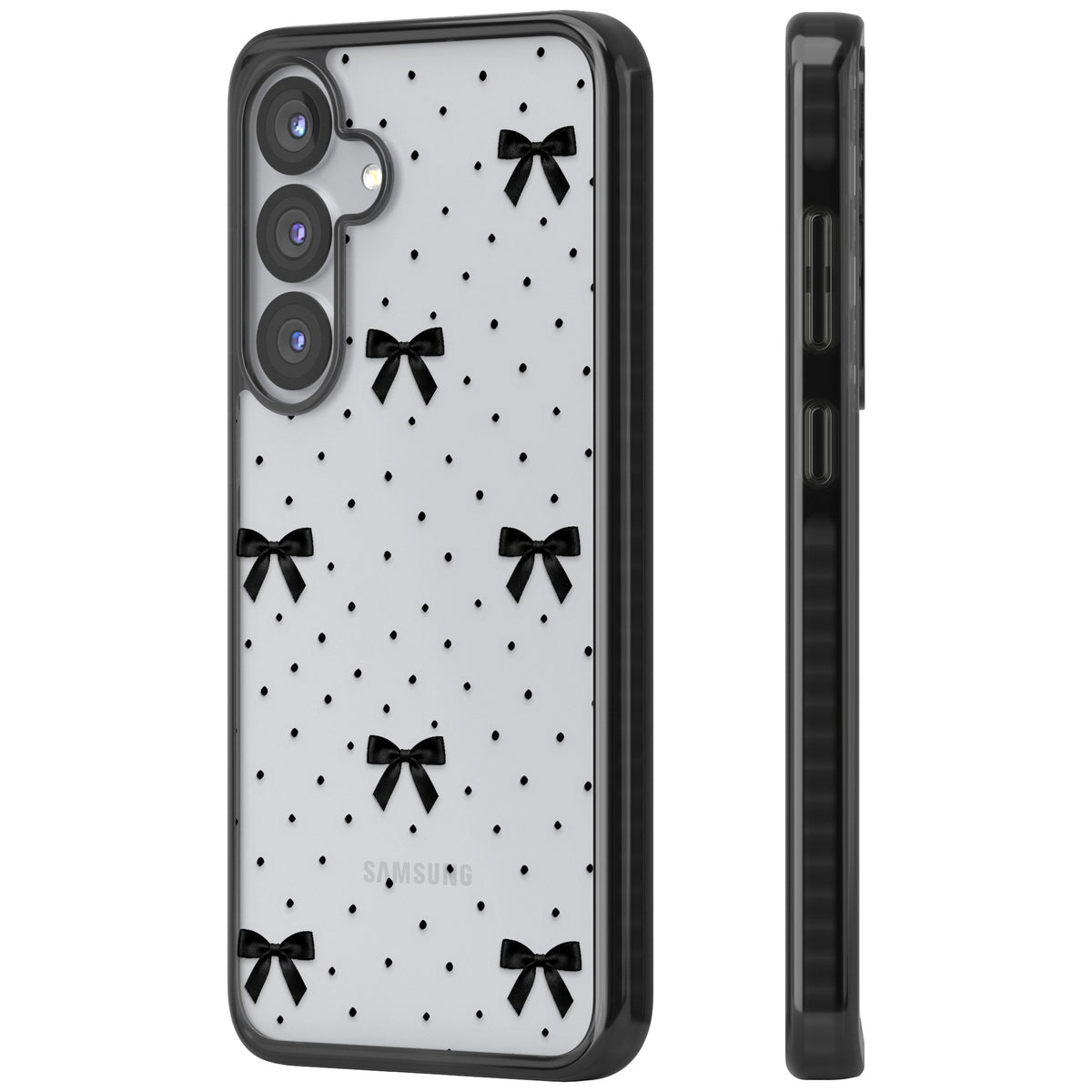 Black Polka Bows Samsung S25 / Samsung S25 Plus / Samsung S26 / Samsung S26 Plus Impact Black Phone Case side