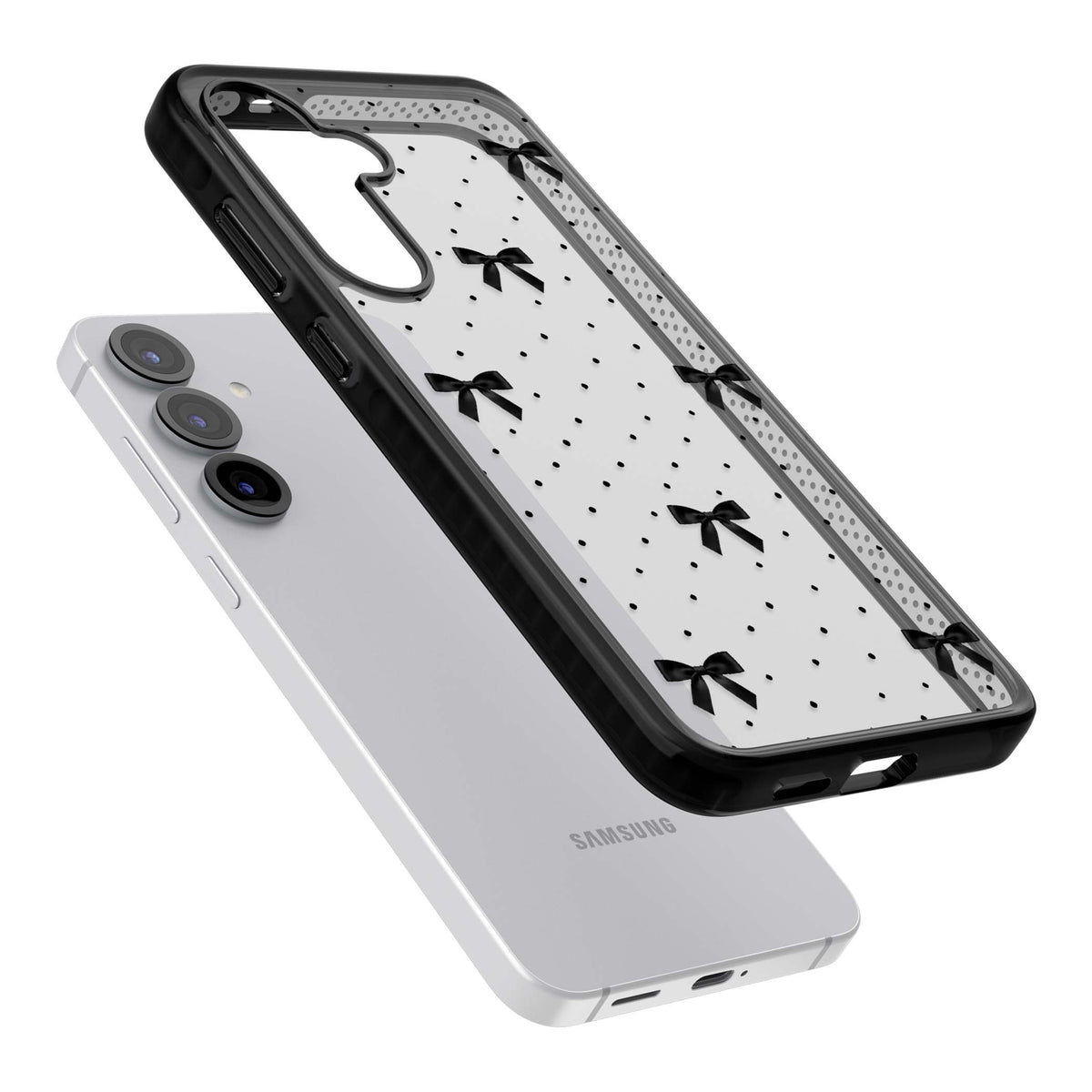 Black Polka Bows coquette iPhone case featuring scattered black satin bows and tiny polka dots on a clear base | Black Impact case for Samsung Galaxy S25, Samsung Galaxy S25 Plus