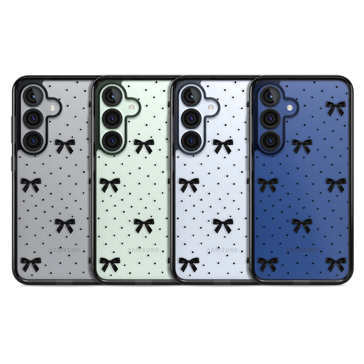 Black Polka Bows coquette iPhone case featuring scattered black satin bows and tiny polka dots on a clear base | Black Impact case for Samsung Galaxy S25, Samsung Galaxy S25 Plus