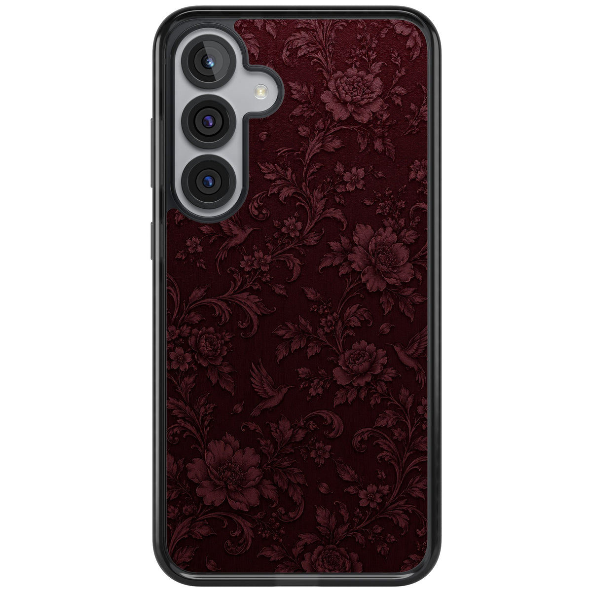 Velours Rouge dark academia iPhone case featuring burgundy damask peonies, baroque scrolls and hummingbirds Samsung S25 Plus / Samsung S26 / Samsung S26 Plus Impact Black Phone Case front