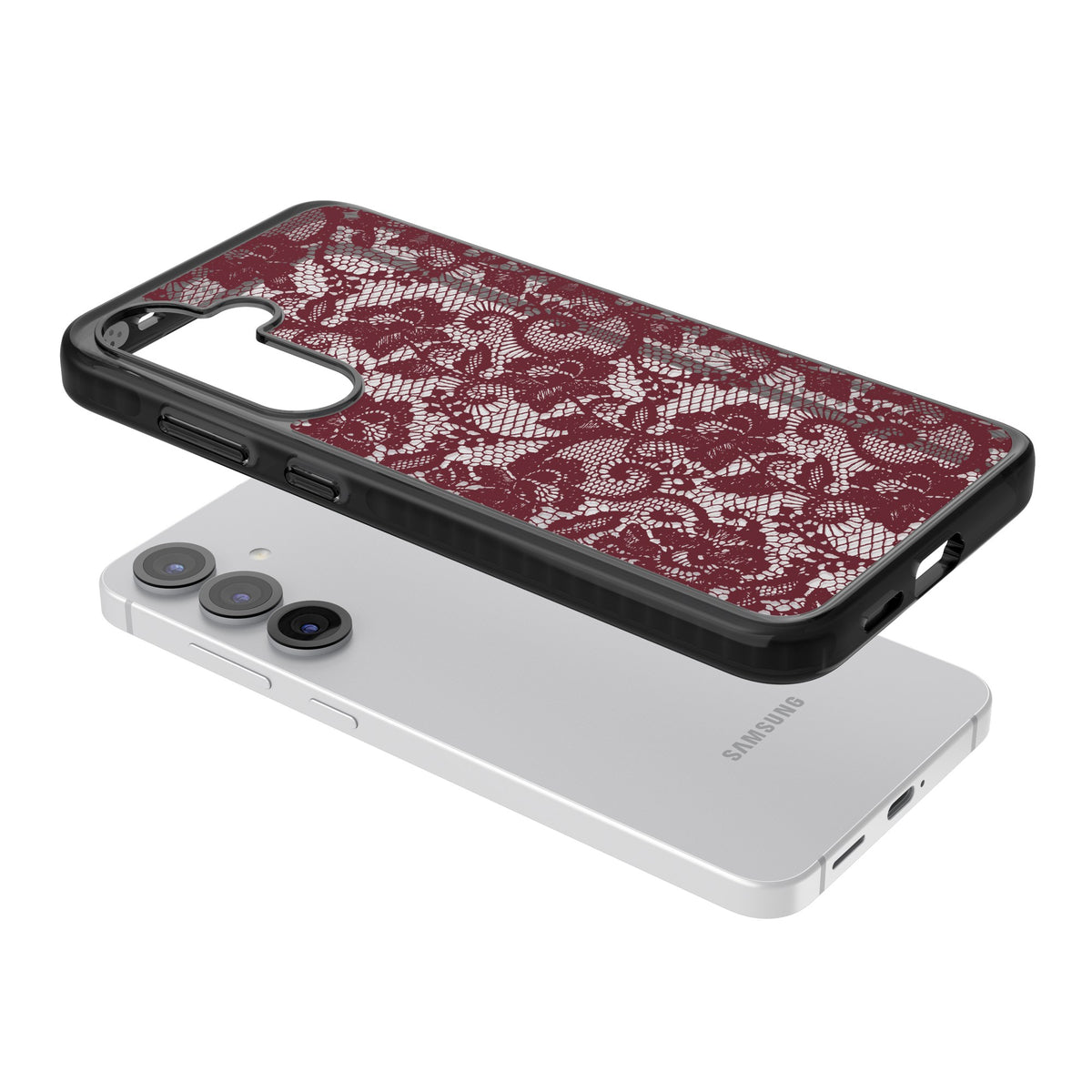 Burgundy Lace Samsung S25 / Samsung S25 Plus / Samsung S26 / Samsung S26 Plus Impact Black Phone Case angled