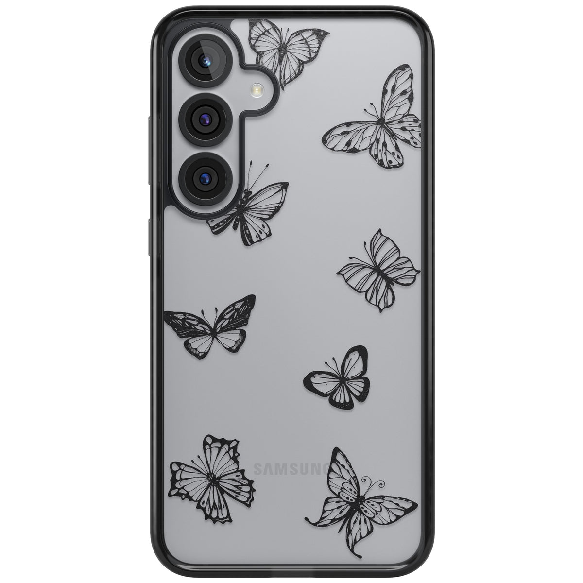 Grey Butterfly Line Pattern Samsung S25 Plus / Samsung S26 / Samsung S26 Plus Impact Black Phone Case front