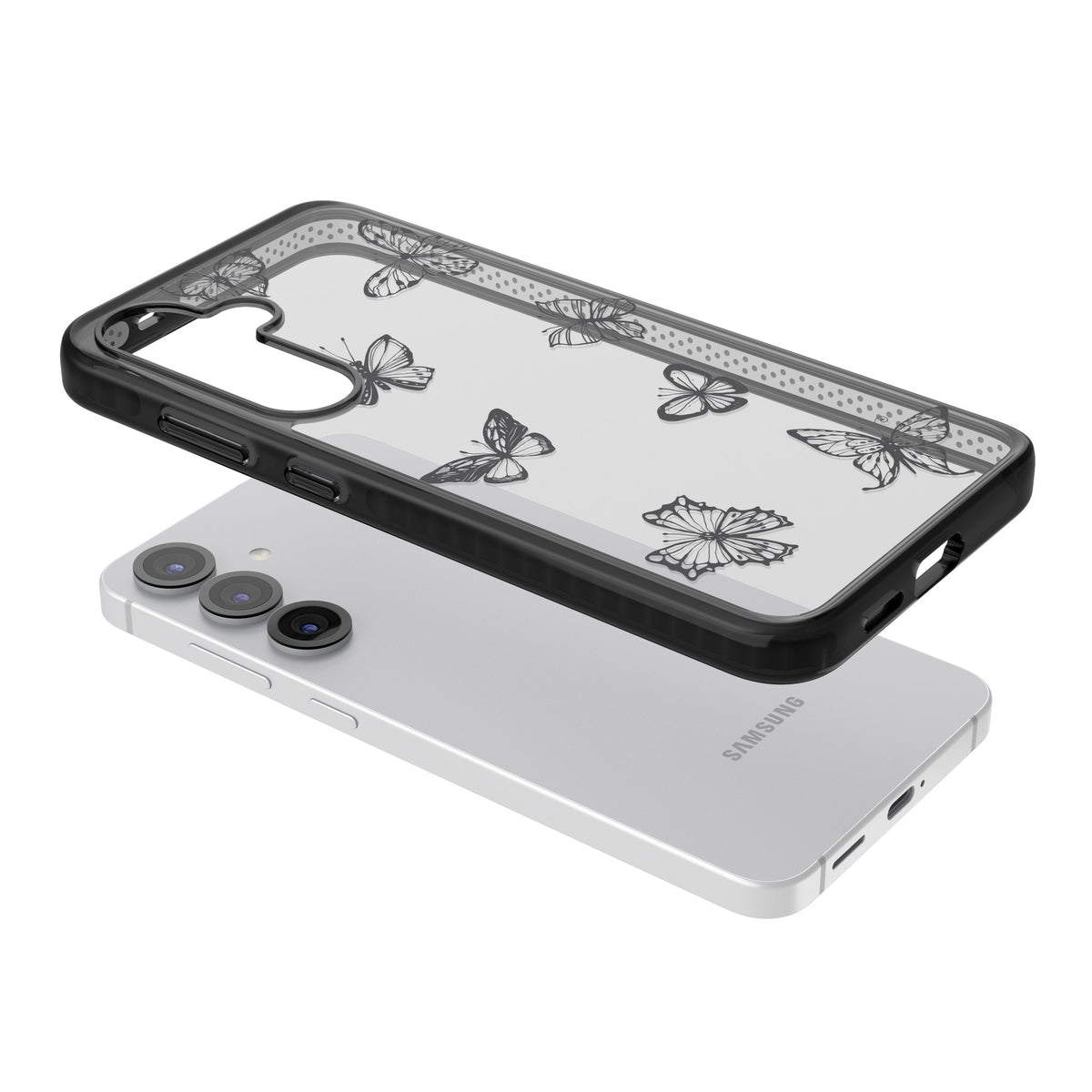 Grey Butterfly Line Pattern Samsung S25 / Samsung S25 Plus / Samsung S26 / Samsung S26 Plus Impact Black Phone Case angled