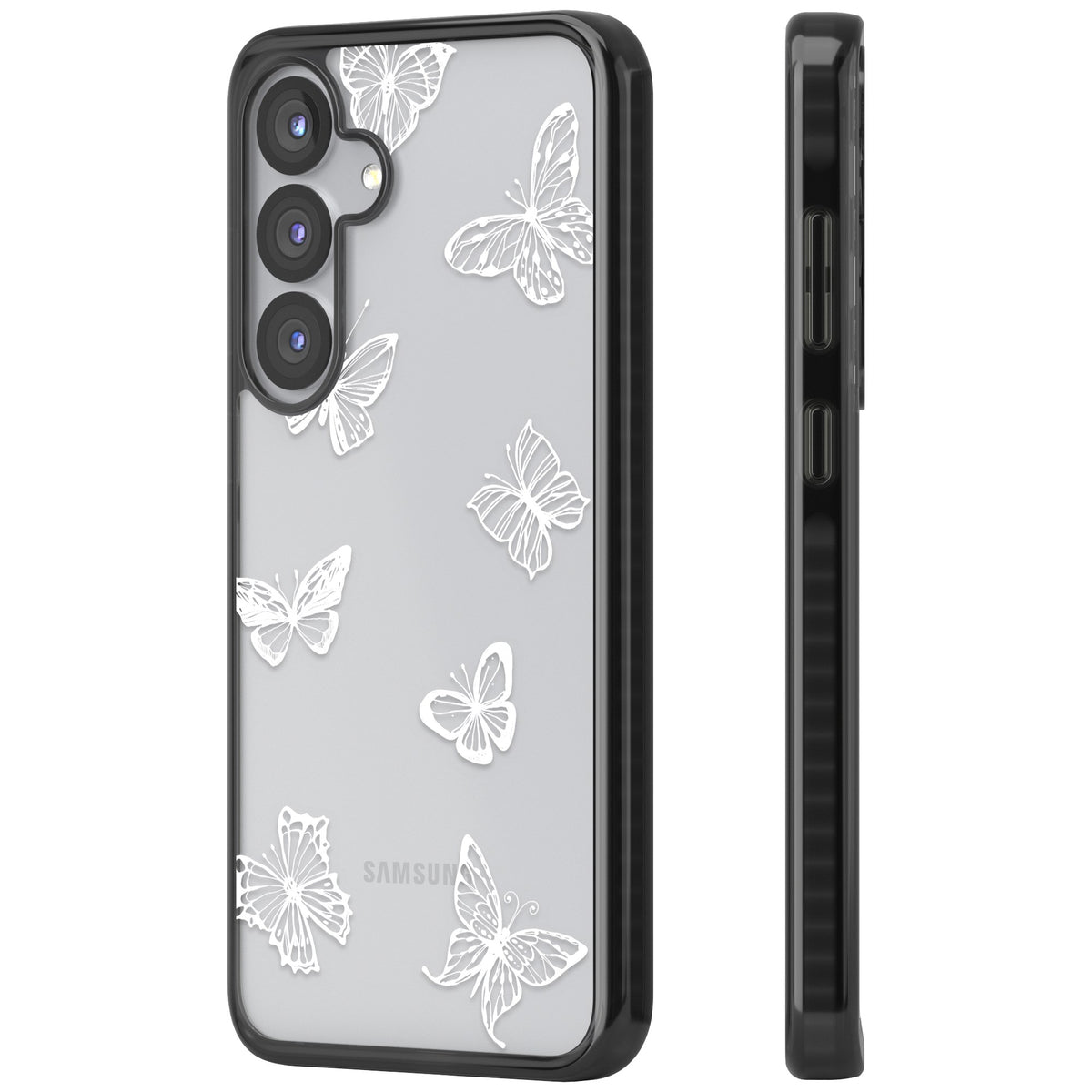 White Butterfly Line Pattern Samsung S25 / Samsung S25 Plus / Samsung S26 / Samsung S26 Plus Impact Black Phone Case side