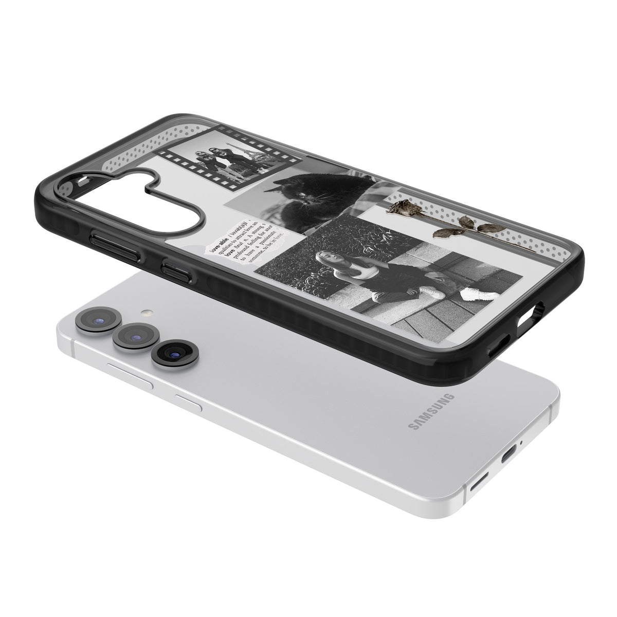 Personalised Black & White Scrapbook Photos Samsung S25 / Samsung S25 Plus / Samsung S26 / Samsung S26 Plus Impact Black Phone Case angled