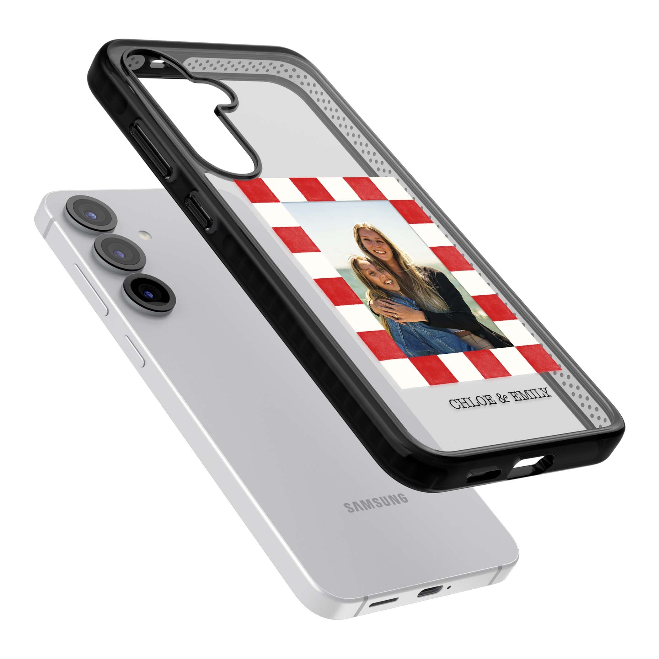 Red Check Photo personalised photo iPhone case with red and white checkered polaroid frame and custom couple name | Black Impact case for Samsung Galaxy S25, Samsung Galaxy S25 Plus