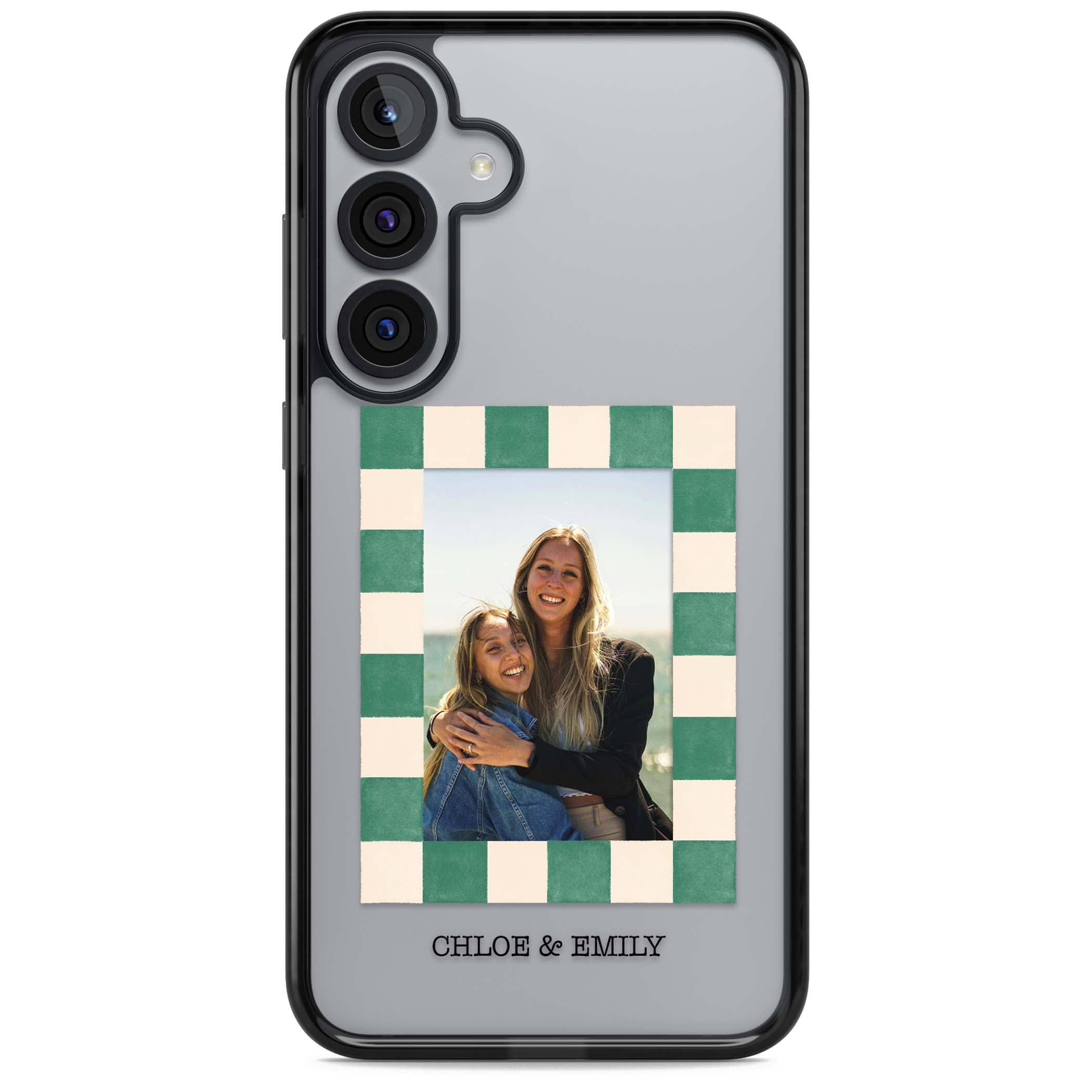 Seafoam Check Photo personalised iPhone case featuring a custom polaroid photo, green and cream checkered frame, and custom n | Black Impact case for Samsung Galaxy S25, Samsung Galaxy S25 Plus