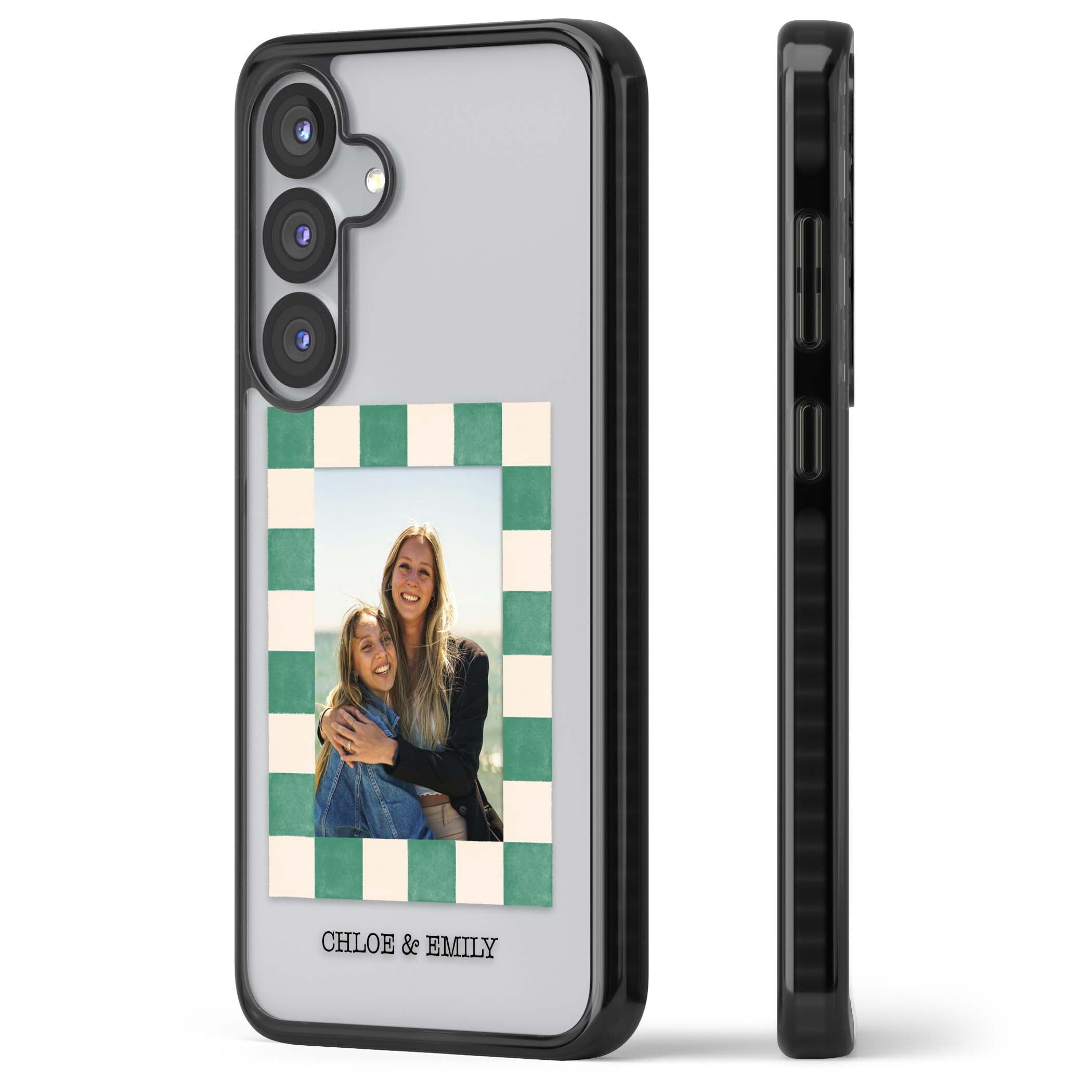 Seafoam Check Photo personalised iPhone case featuring a custom polaroid photo, green and cream checkered frame, and custom n | Black Impact case for Samsung Galaxy S25, Samsung Galaxy S25 Plus