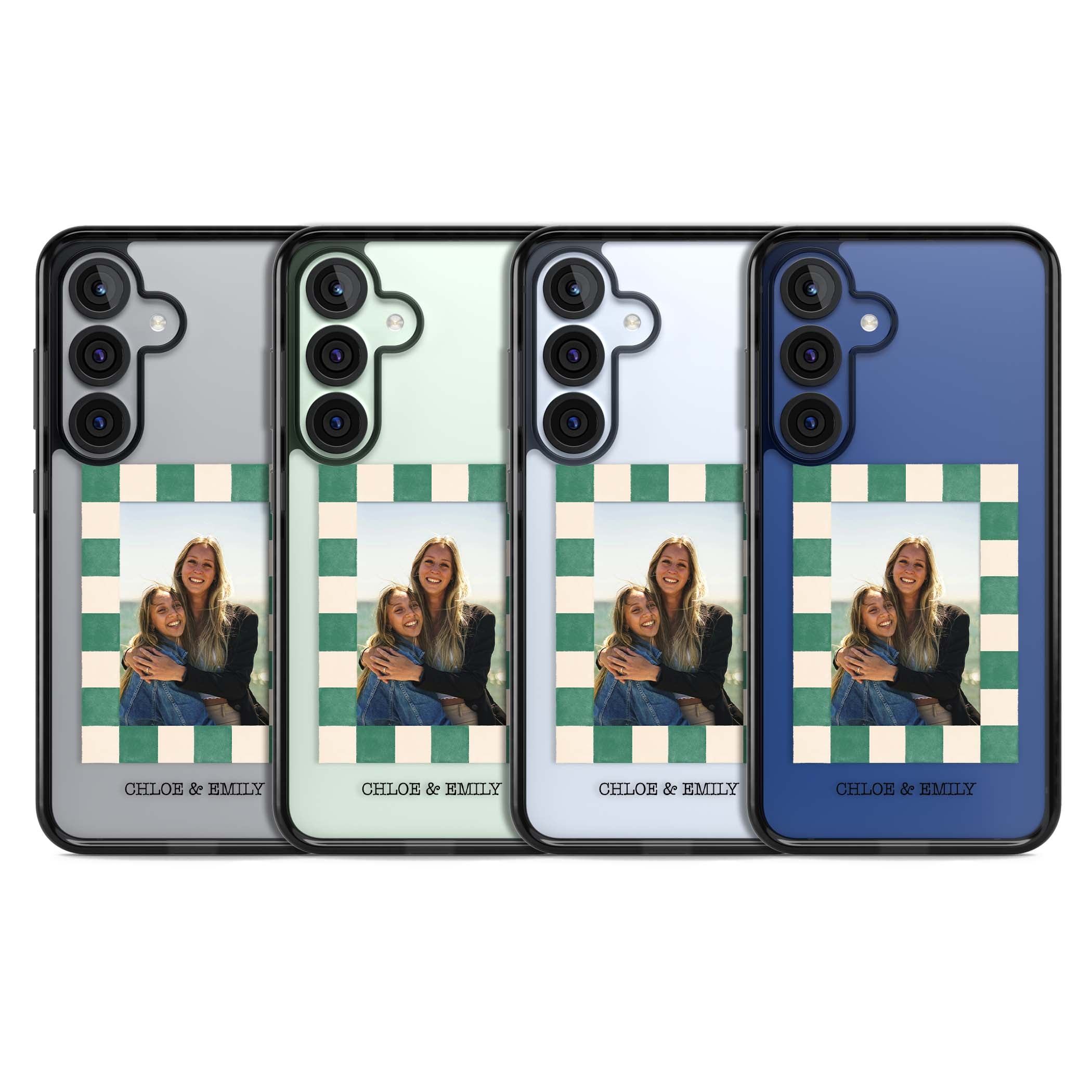 Seafoam Check Photo personalised iPhone case featuring a custom polaroid photo, green and cream checkered frame, and custom n | Black Impact case for Samsung Galaxy S25, Samsung Galaxy S25 Plus
