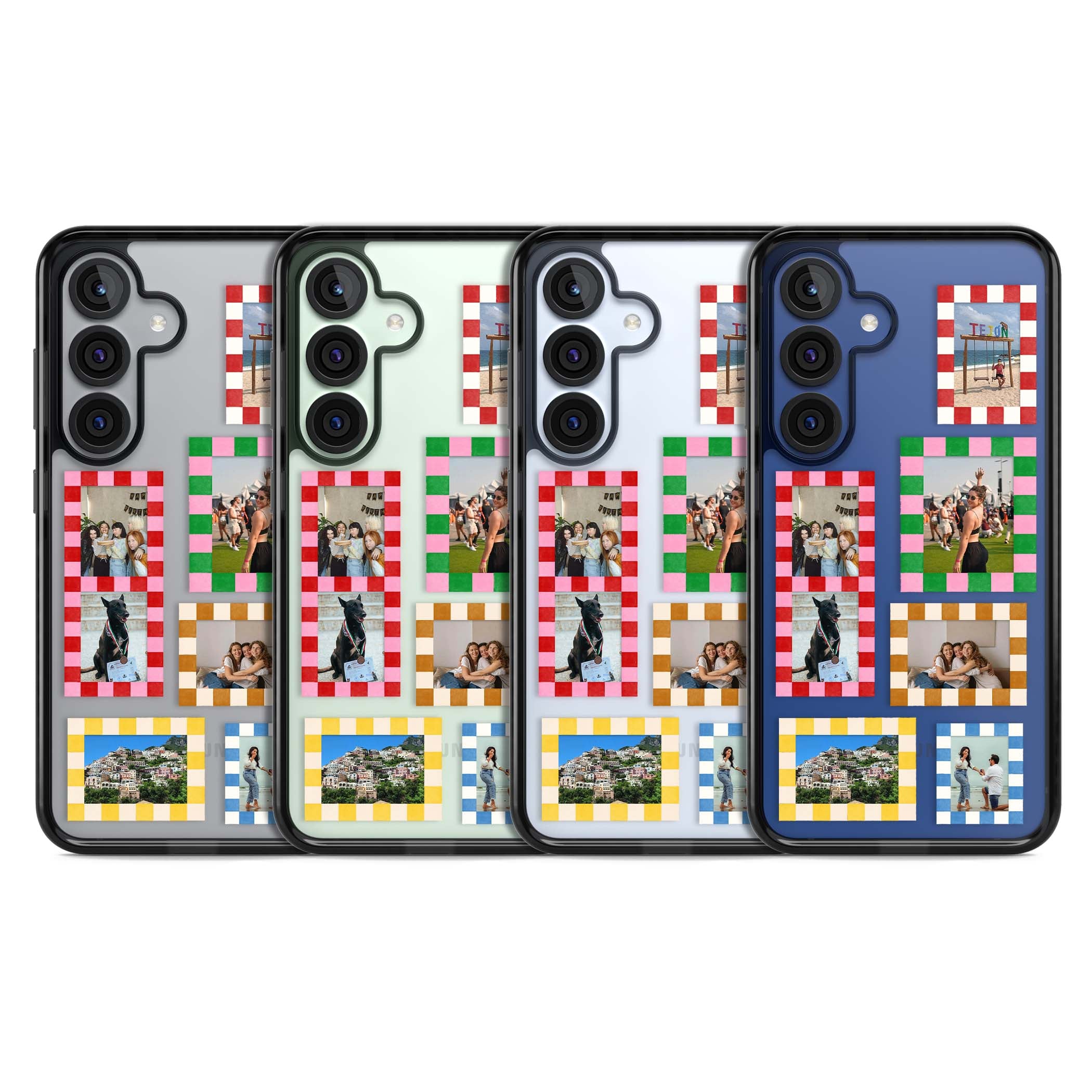 Italian Check Frames custom photo collage iPhone case featuring six checkered photo frames in red, green, pink and  | Black Impact case for Samsung Galaxy S25, Samsung Galaxy S25 Plus